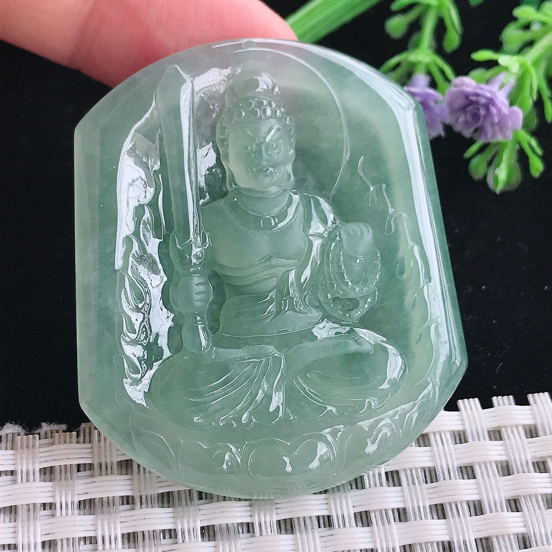 实拍A货翡翠50/42.7/4.8老坑冰胶果冻冰晴满绿不动明王吊坠翡翠玉牌挂件