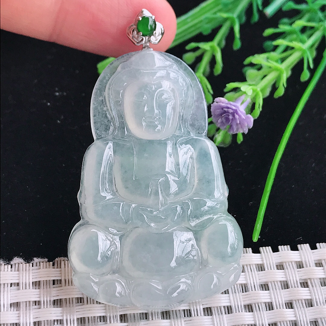 实拍A货翡翠51.5/35/5.8老坑18k金镶嵌冰种观音菩萨吊坠翡翠玉牌挂件