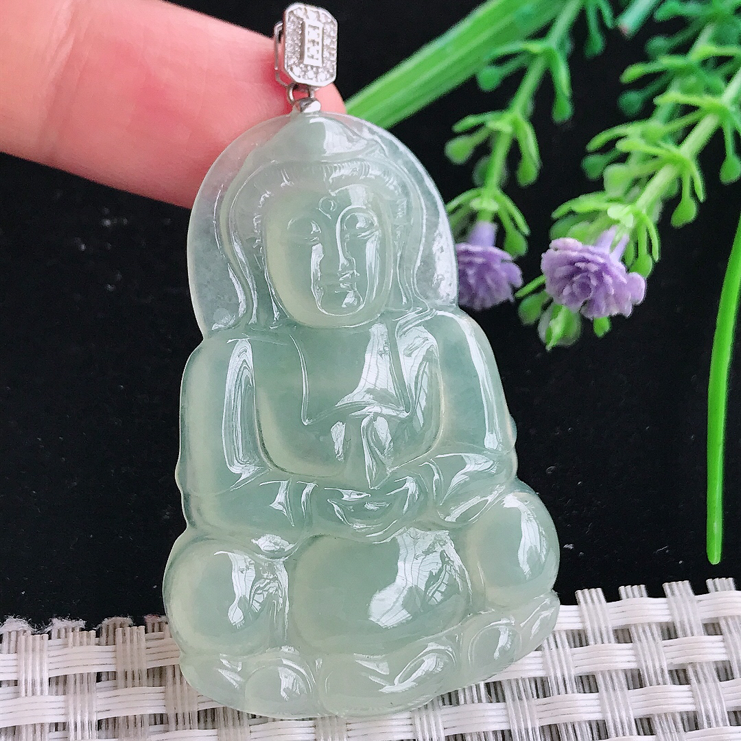 实拍A货翡翠52/34.8/5.3老坑18k金镶嵌冰胶冰晴绿正装观音吊坠翡翠玉观音