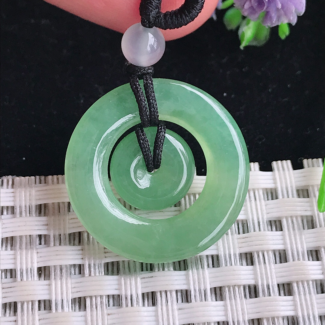 实拍A货翡翠22.5/3.2老坑冰胶水灵满甜绿母子扣吊坠翡翠平安扣挂件