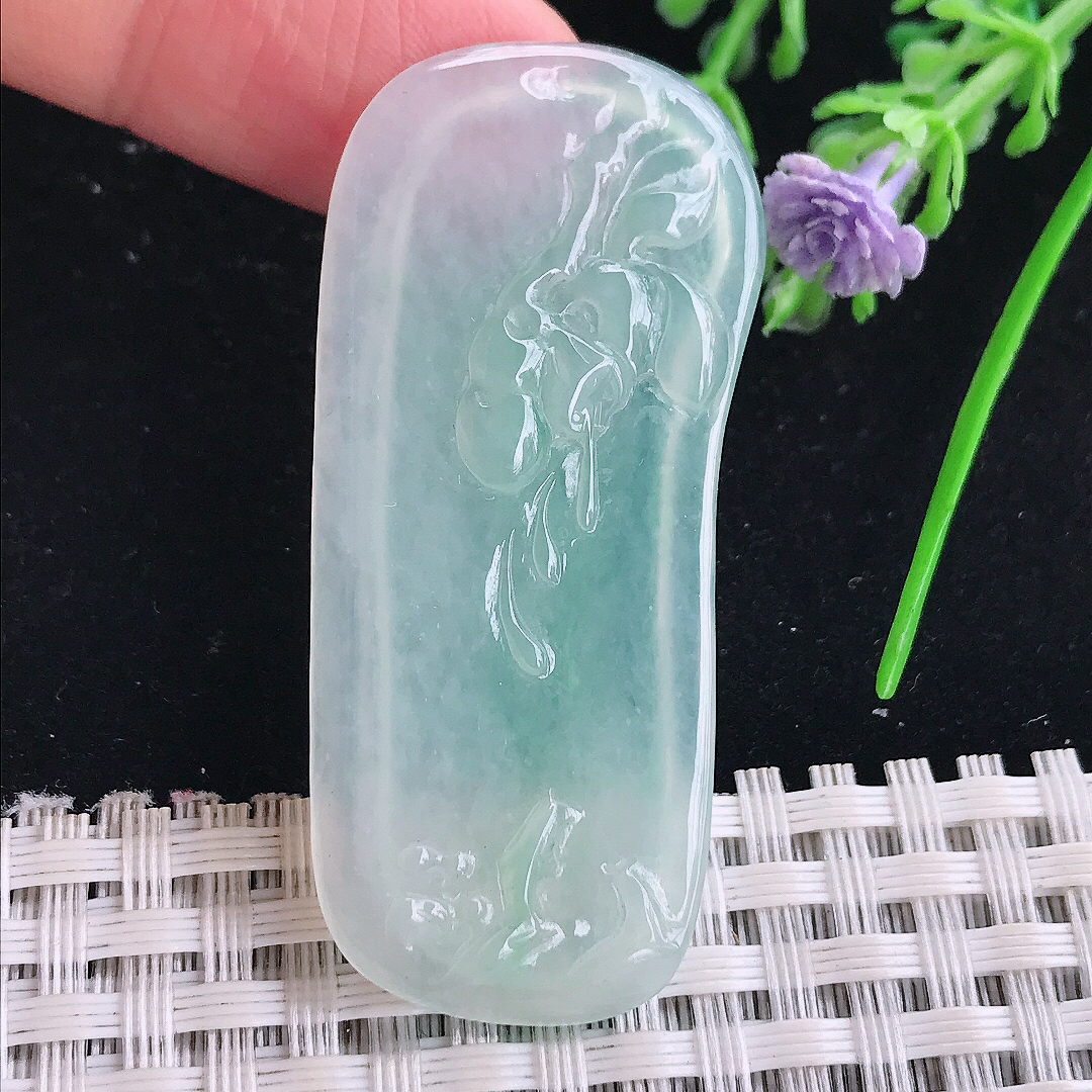 实拍A货翡翠51/23/4.3老坑冰透果冻胶冰晴花开见佛吊坠翡翠玉牌挂件