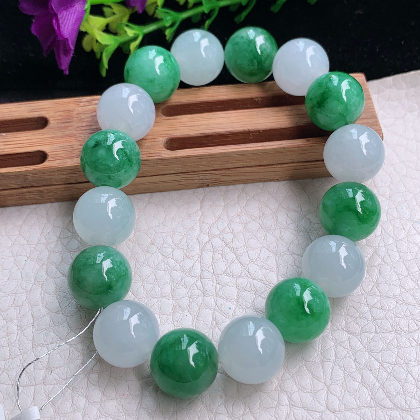 qxm天然缅甸翡翠a货冰双彩13mm圆珠玉手链 玉手串