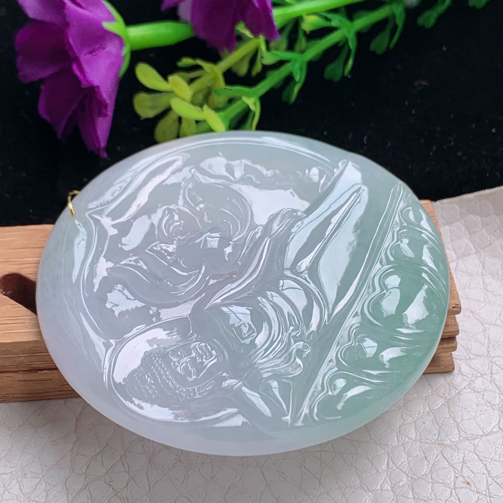 Xj实拍54*5.3天然缅甸翡翠冰透花开见佛吊坠 卧佛祖玉坠