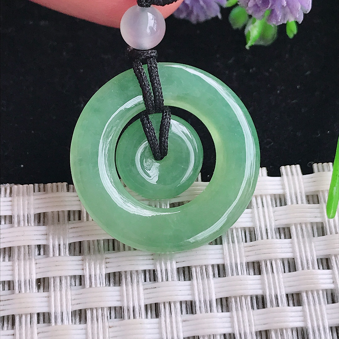 实拍A货翡翠22.5/3.2老坑冰胶水灵满甜绿母子扣吊坠翡翠平安扣挂件