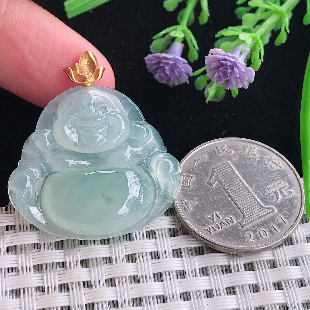 实拍A货翡翠28.5/31.6/5.9老坑18k金镶嵌冰种冰晴佛公吊坠翡翠玉佛挂件