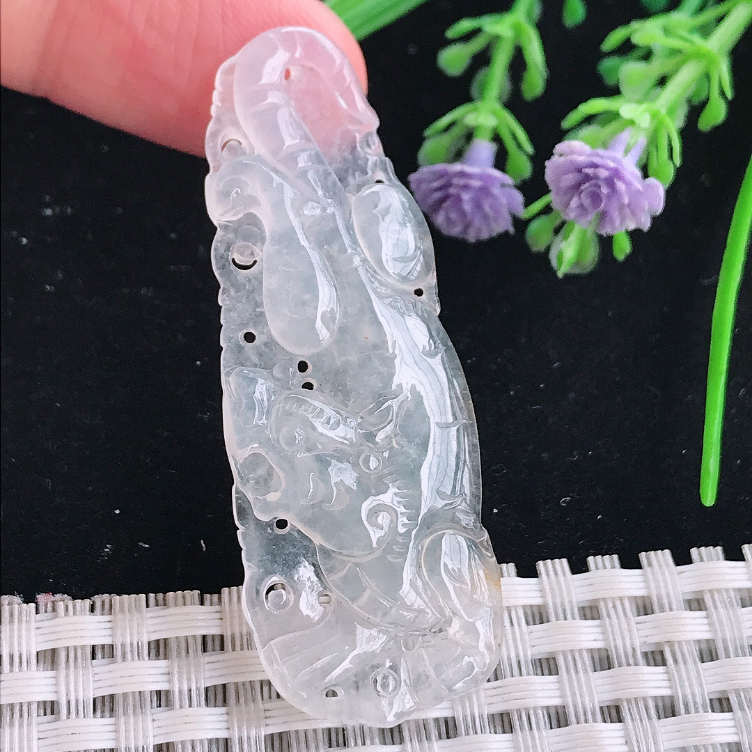 实拍A货翡翠53.5/19.5/5老坑冰种起光下山虎虎牌吊坠翡翠玉牌挂件