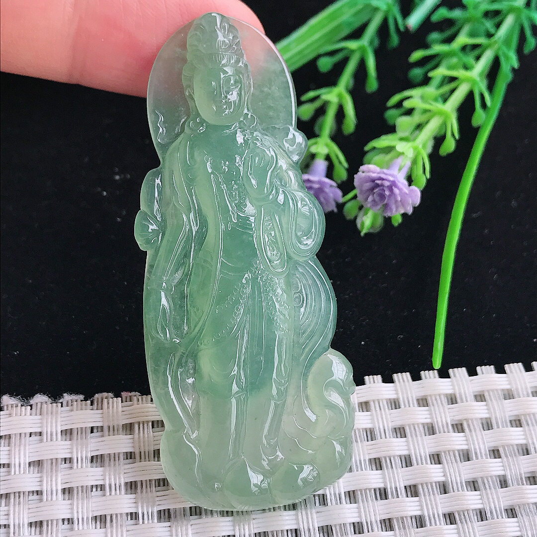 实拍A货翡翠64.8/26.6/6老坑冰种冰晴满甜绿赐福观音吊坠翡翠玉观音挂件
