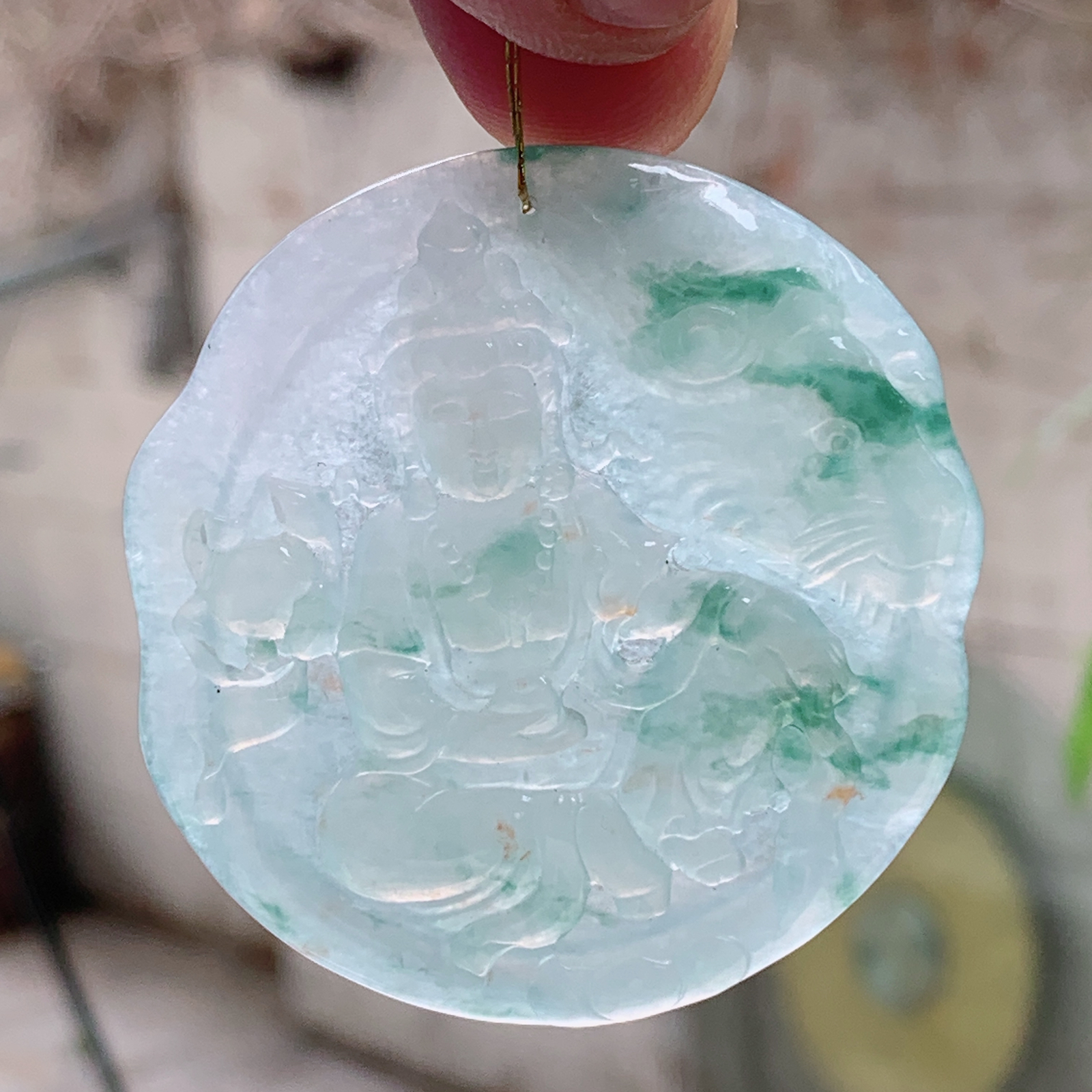 Xj实拍53.8*51.6*5天然缅甸翡翠a货冰飘花文殊菩萨吊坠 守护神观音牌