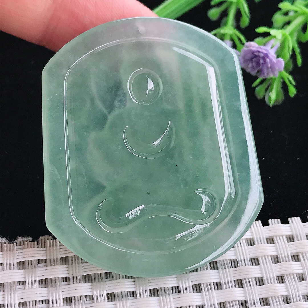 实拍A货翡翠50/42.7/4.8老坑冰胶果冻冰晴满绿不动明王吊坠翡翠玉牌挂件