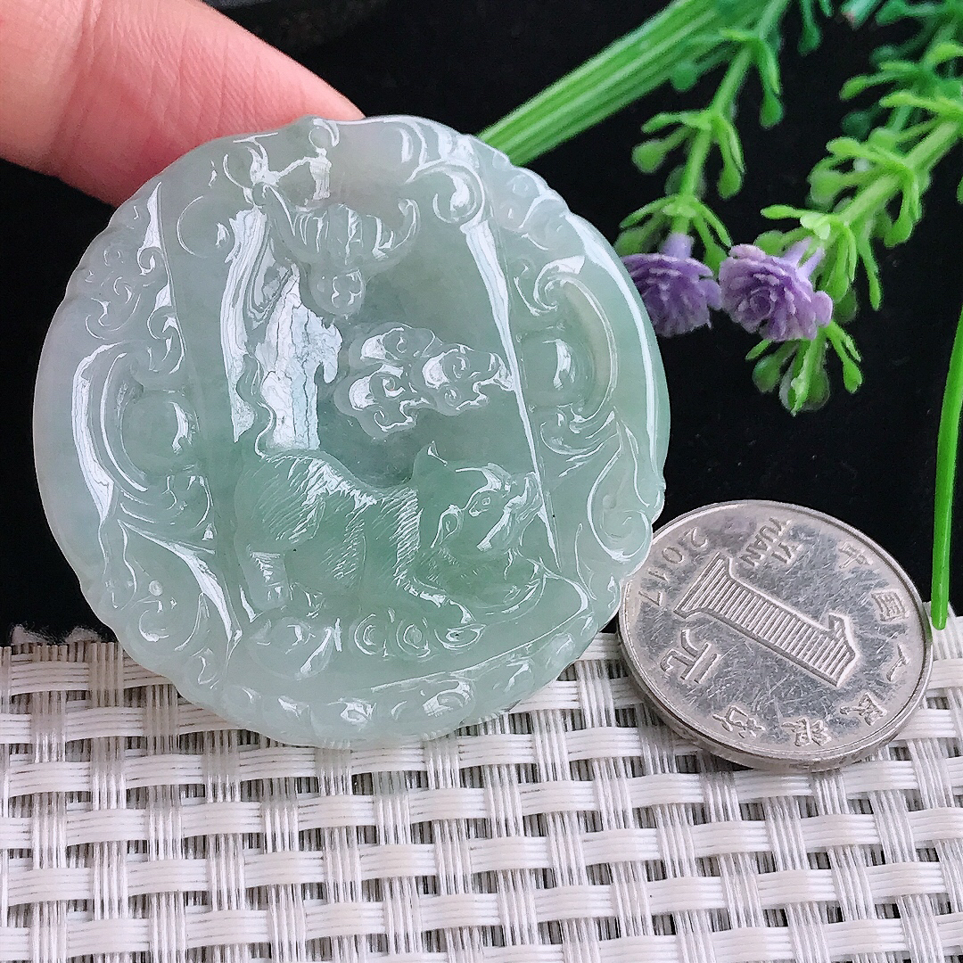 实拍A货翡翠48/48.8/5.5老坑冰胶水灵冰晴招财猪吊坠翡翠猪牌挂件