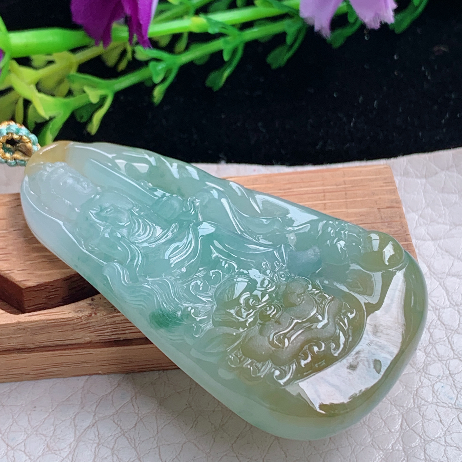 yn实拍54.2*31.2*7.5天然缅甸翡翠a货冰双彩文殊菩萨玉吊坠