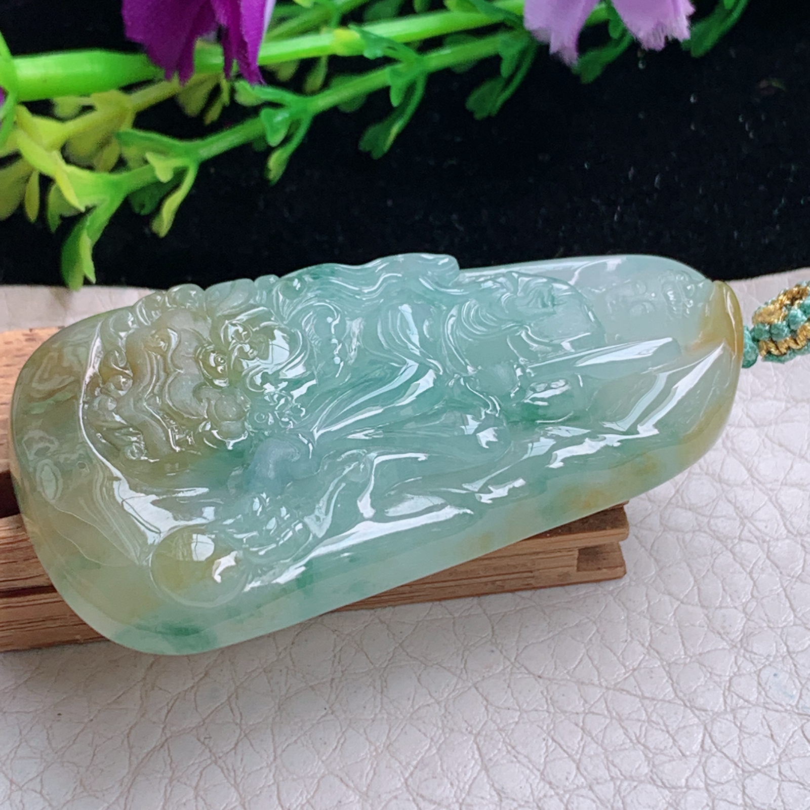 yn实拍54.2*31.2*7.5天然缅甸翡翠a货冰双彩文殊菩萨玉吊坠