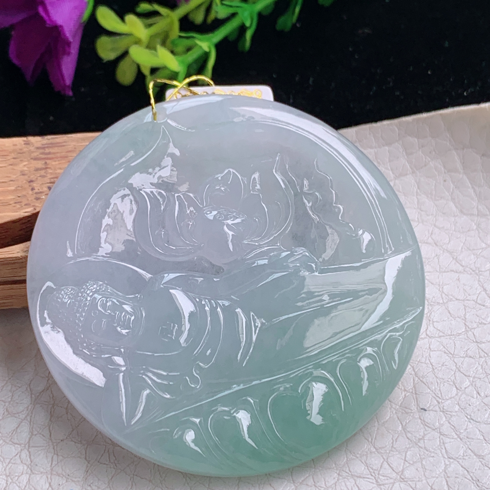 Xj实拍54*5.3天然缅甸翡翠冰透花开见佛吊坠 卧佛祖玉坠