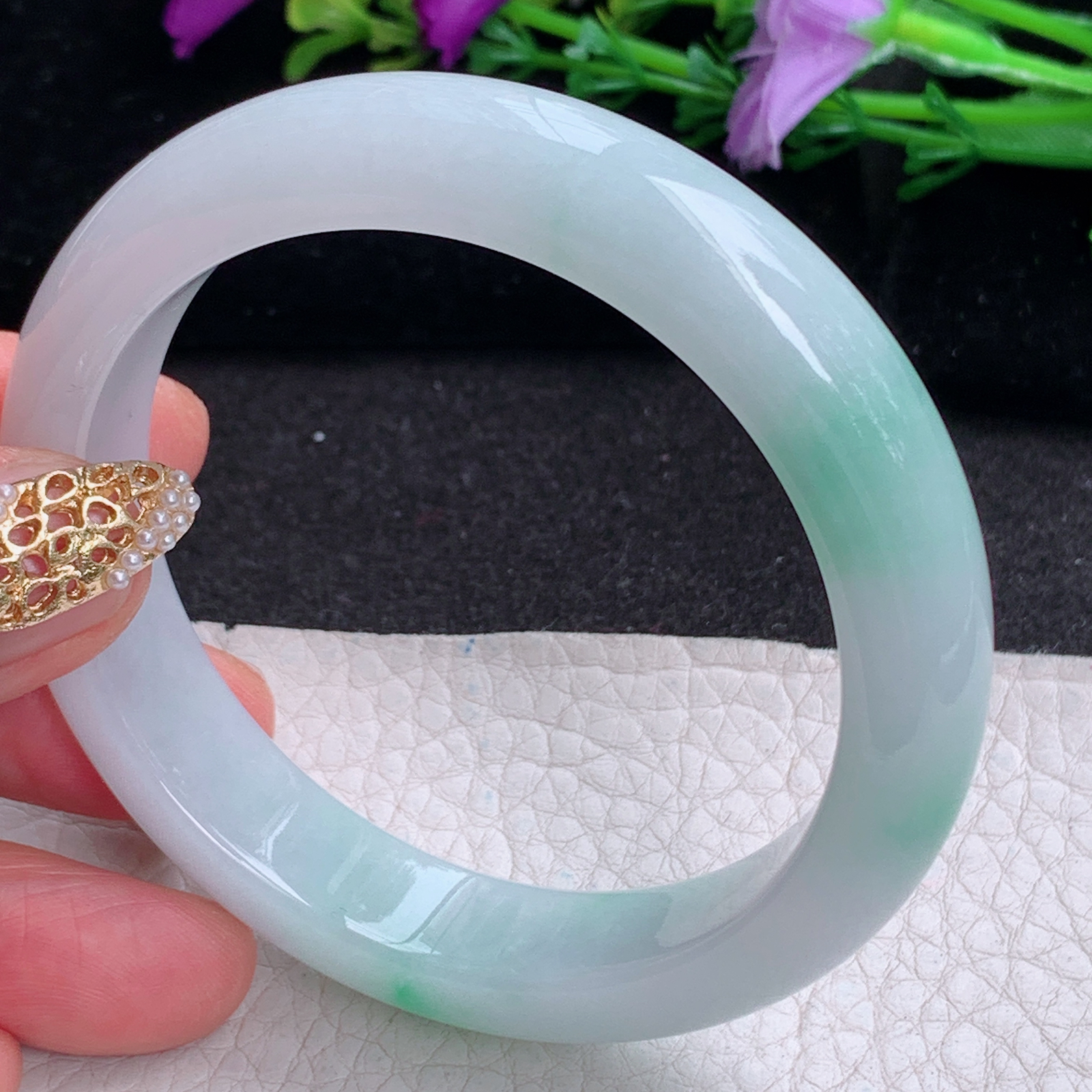 ay实拍56*12.8*8.2平安镯 天然缅甸翡翠a货手镯飘花正圈玉镯子