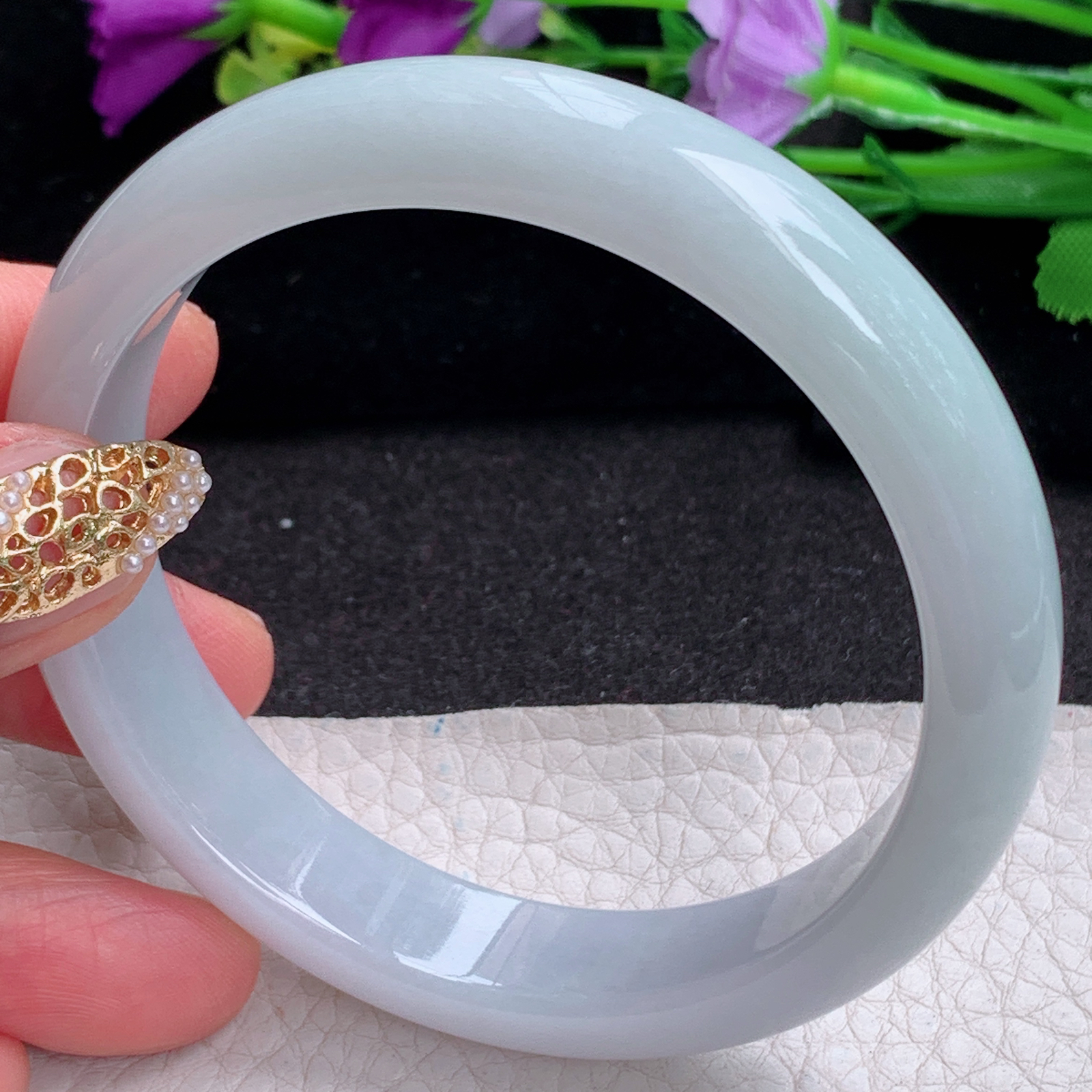 ee实拍59.8*12.7*7.6平安镯 天然缅甸翡翠a货手镯浅绿胶感正圈玉镯子