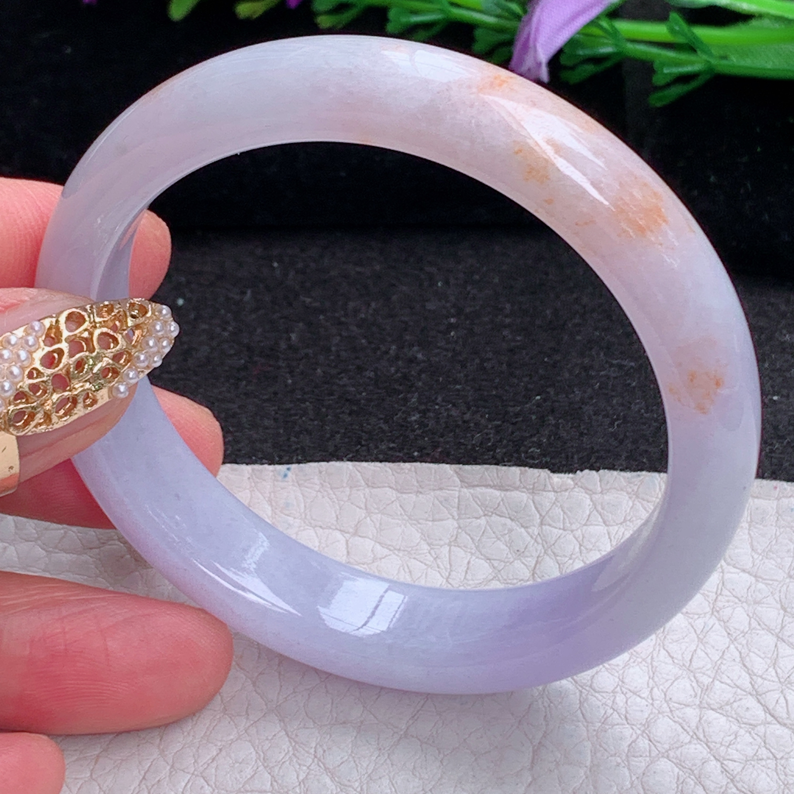 ay实拍53*11.6*7.5招财镯 天然缅甸翡翠a货手镯淡紫撒金双彩玉镯子