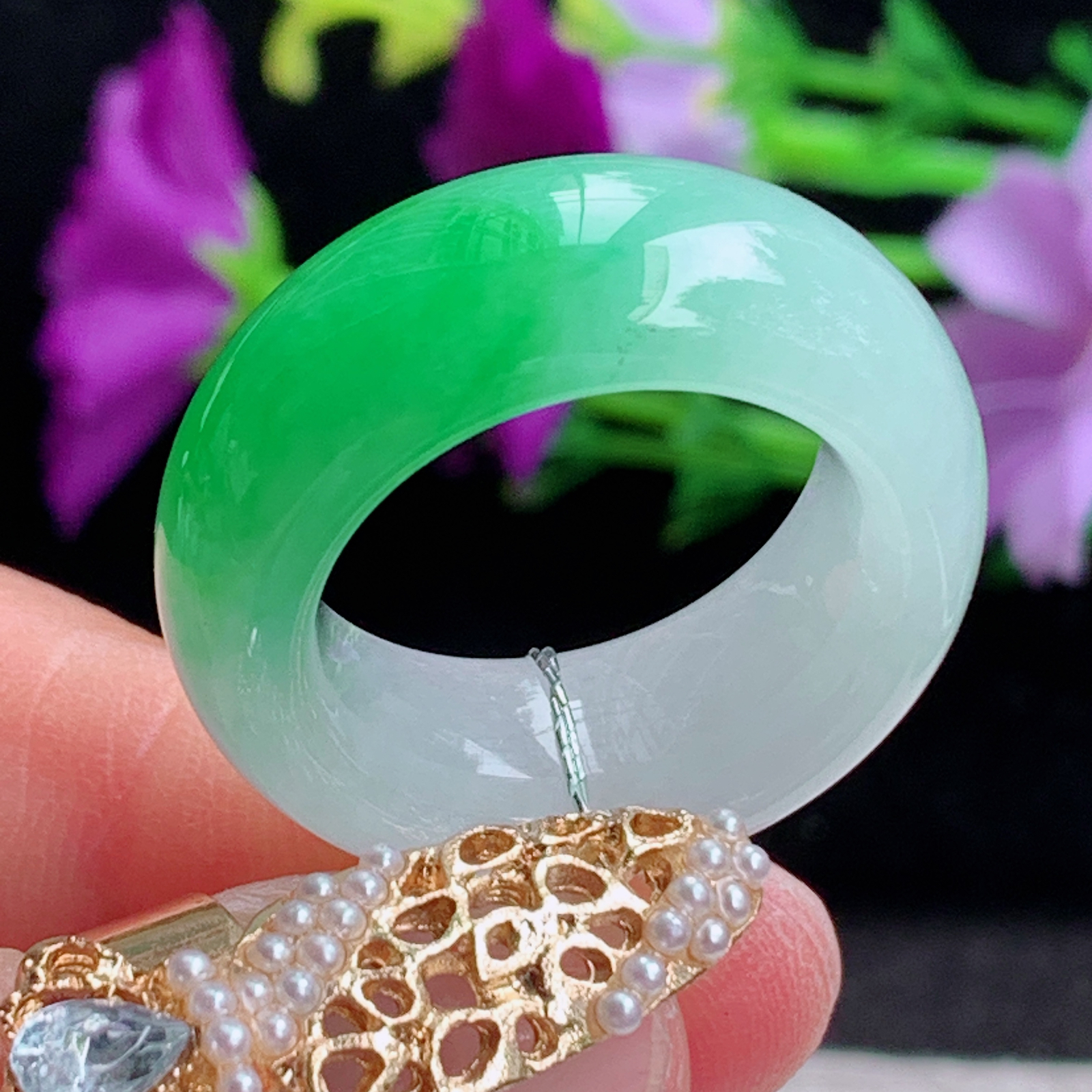 qxm实拍18*9.8*5缅甸翡翠冰飘花18mm内径大气轮胎款指环 玉戒指