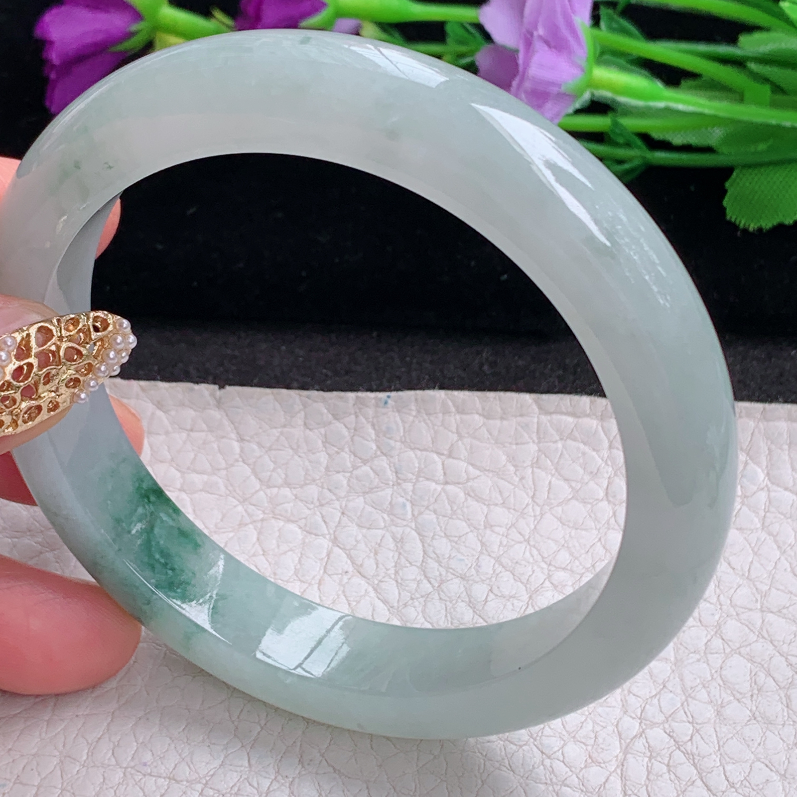 li大圈口60.8*12*8.8平安镯 天然缅甸翡翠a货手镯飘花胶感正圈玉镯子