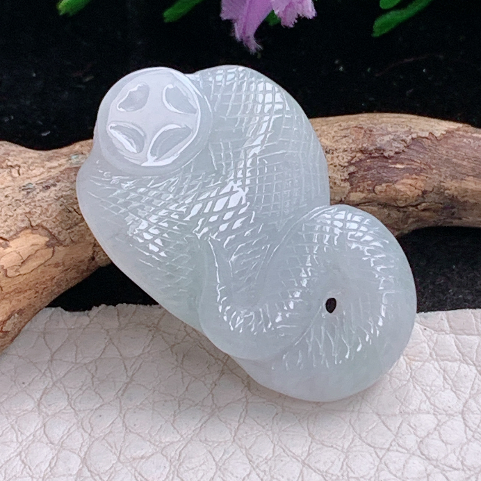 ajj实拍35.6*23*8.8天然缅甸翡翠精雕冰纯立体蛇 生肖蛇玉吊坠 玉挂件