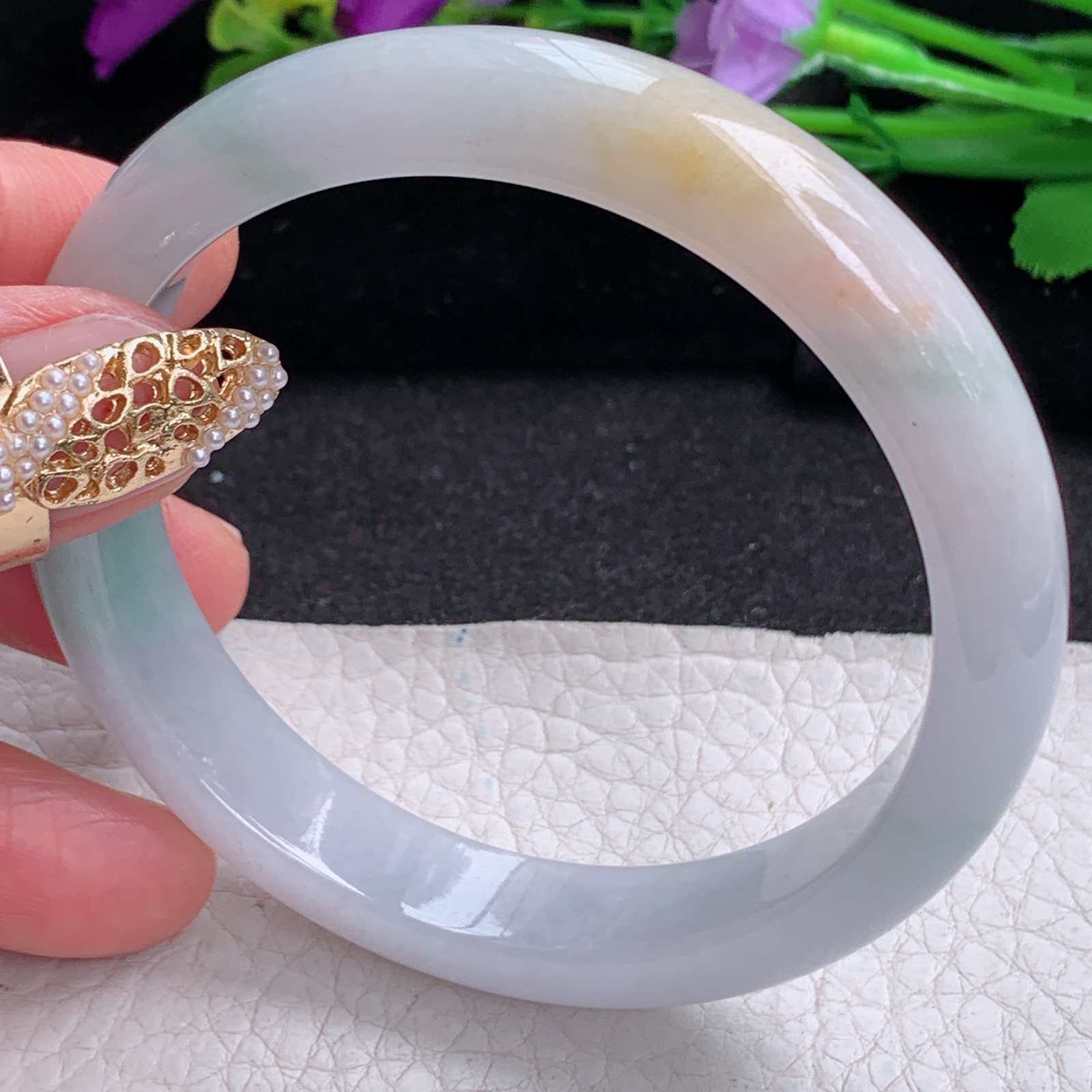 xc实拍58.5*12*7.6平安镯 天然缅甸翡翠a货手镯三彩胶感正圈玉镯子