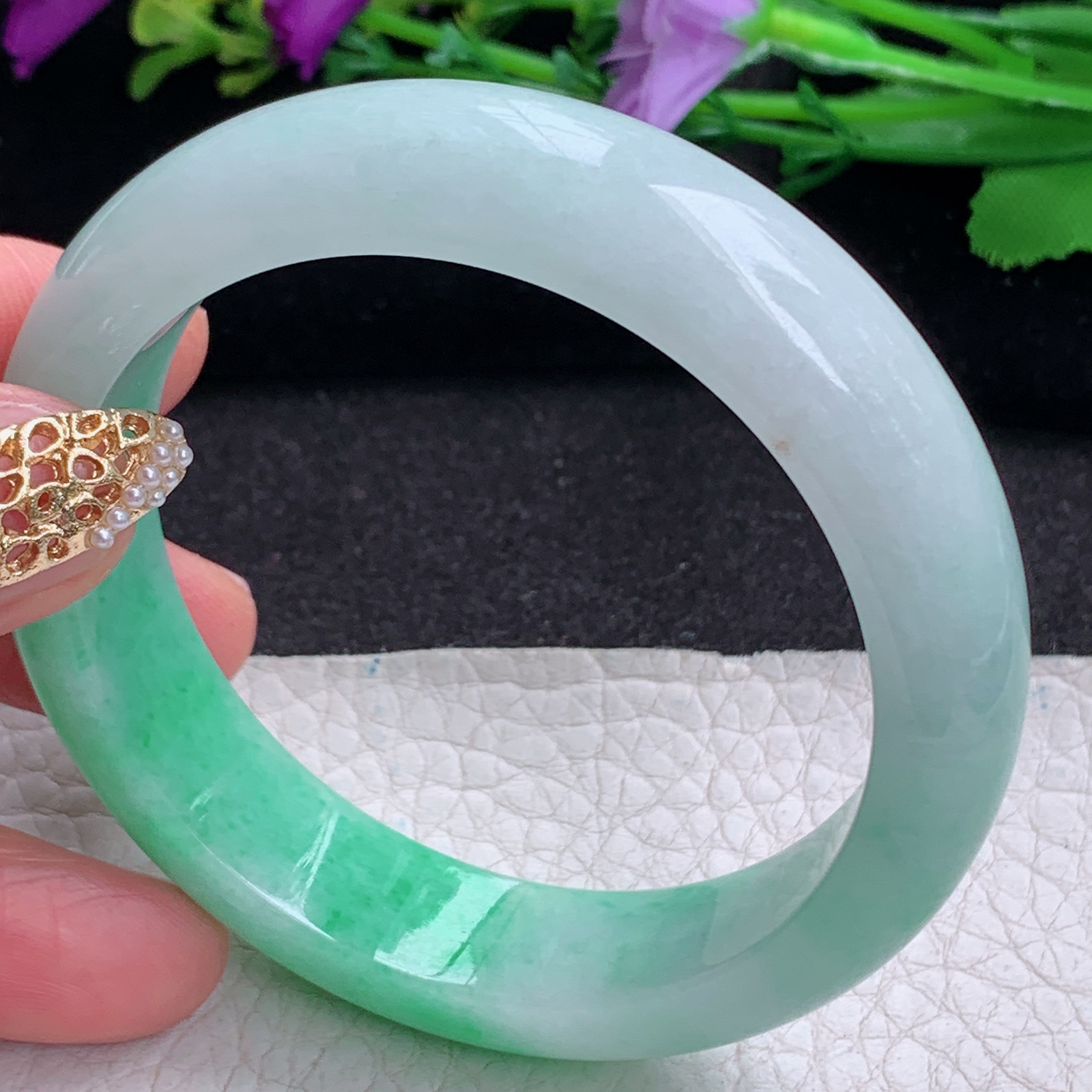 ee实拍54.5*14*8.2招财镯 天然缅甸翡翠a货手镯半山半水胶感正圈玉镯子