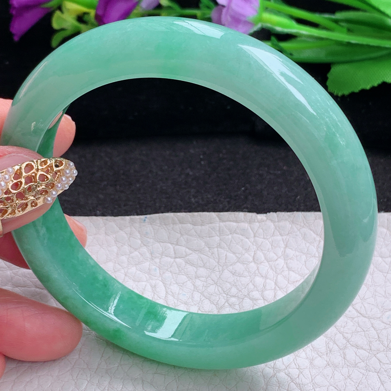 xc大圈口60.5*12.3*9.2平安镯 天然缅甸翡翠a货手镯辣绿胶感正圈玉镯子