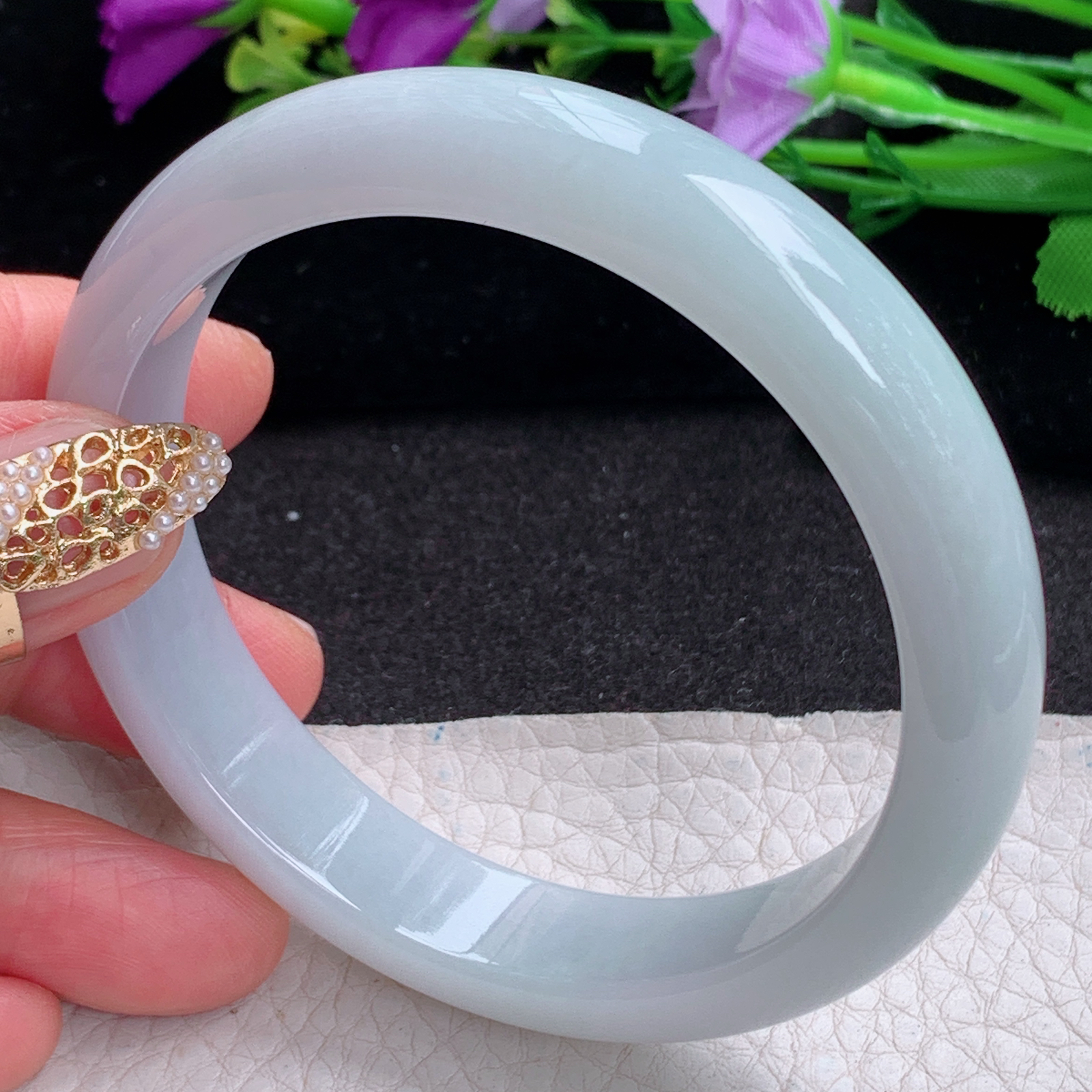 ee实拍59.8*12.7*7.6平安镯 天然缅甸翡翠a货手镯浅绿胶感正圈玉镯子