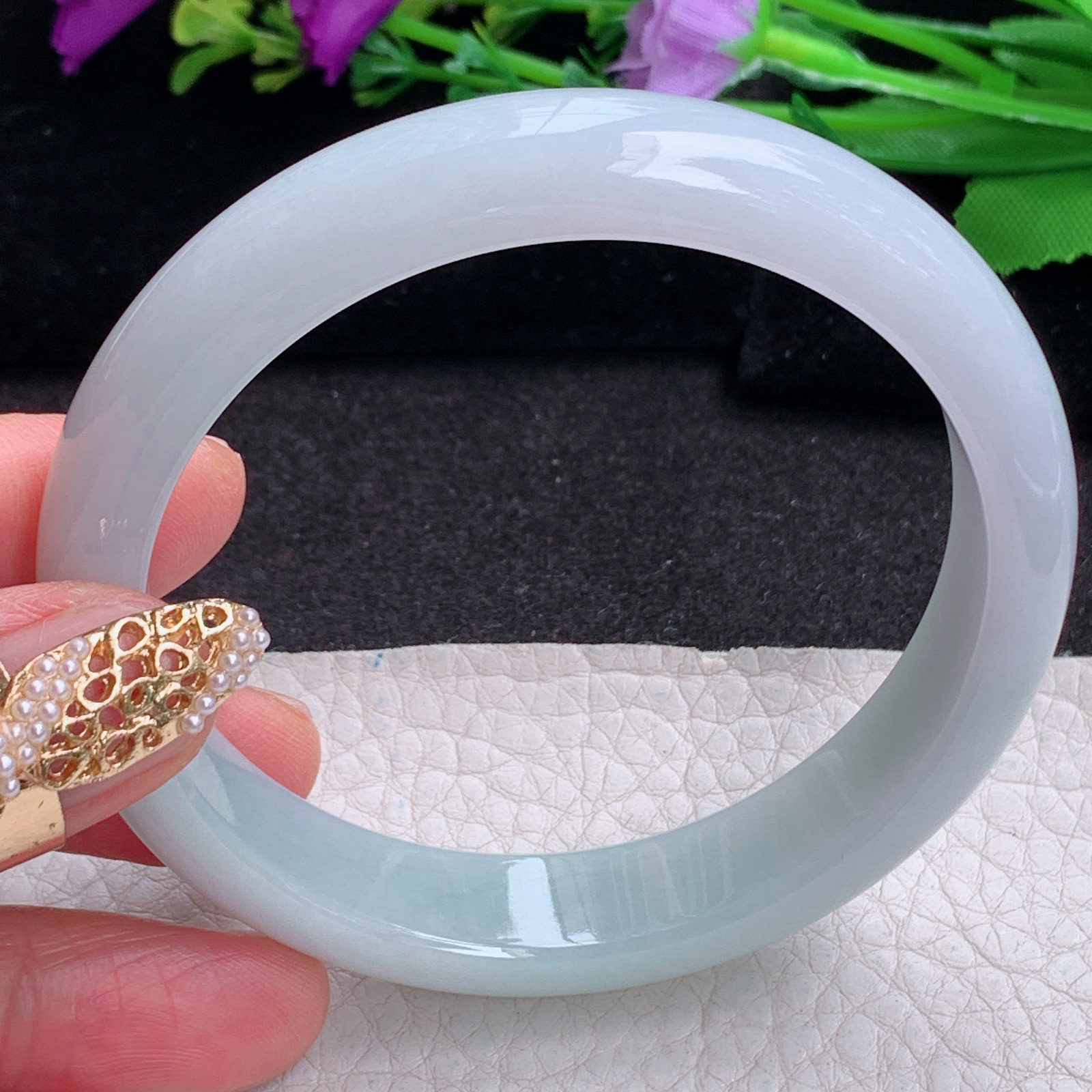 ee实拍59.8*12.7*7.6平安镯 天然缅甸翡翠a货手镯浅绿胶感正圈玉镯子