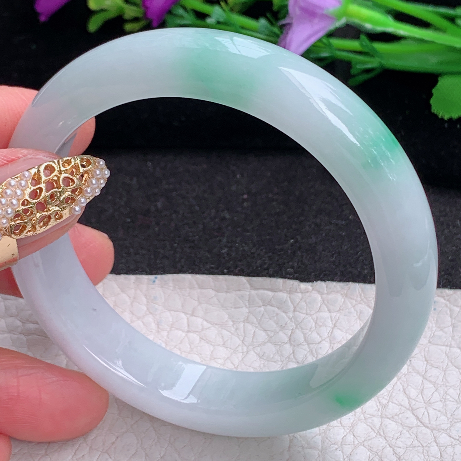 ay实拍56*12.8*8.2平安镯 天然缅甸翡翠a货手镯飘花正圈玉镯子