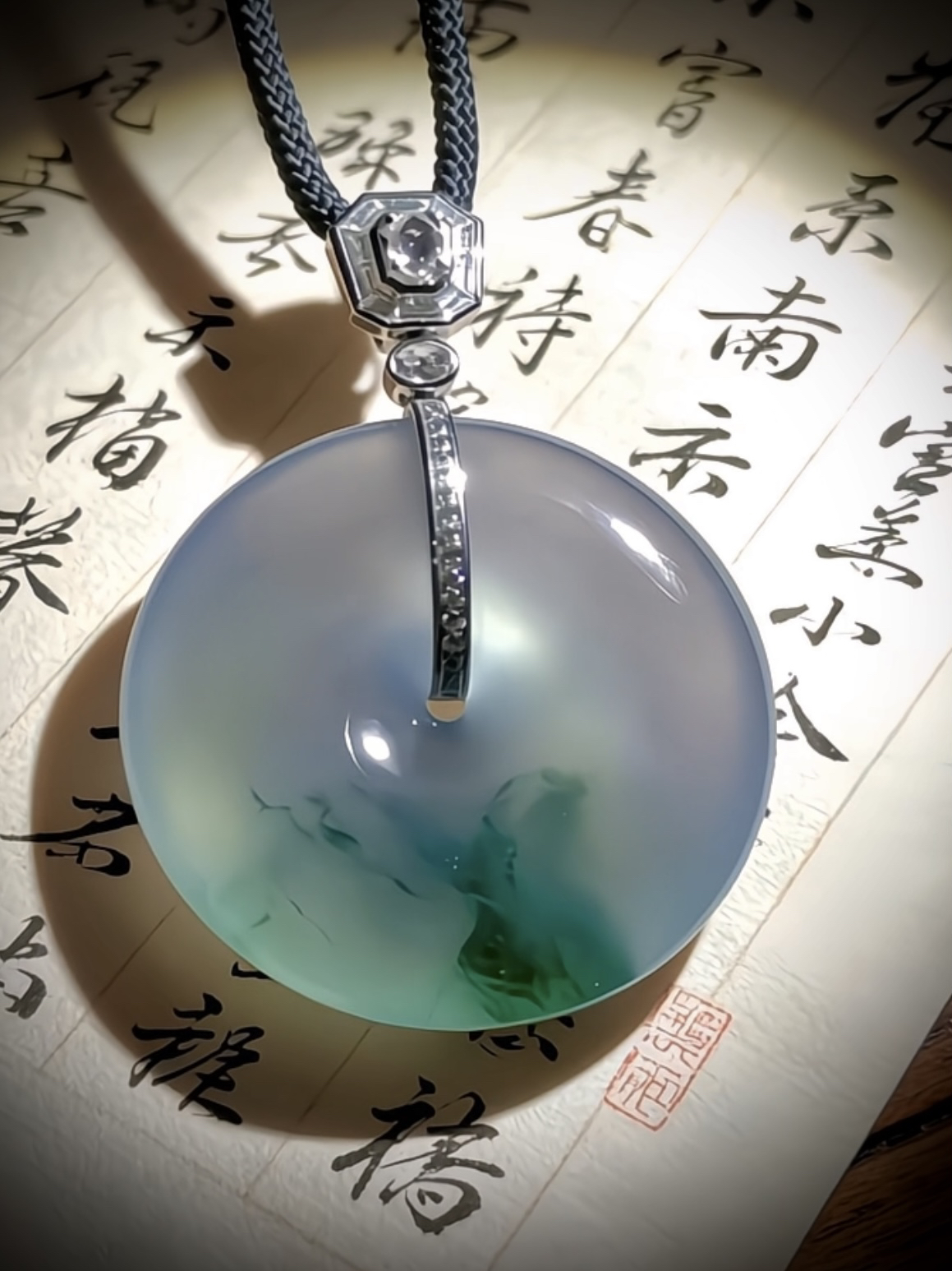 飘花平安扣子，
48.5-裸石34.5-7.5mm，20g，
18K金，南非钻，