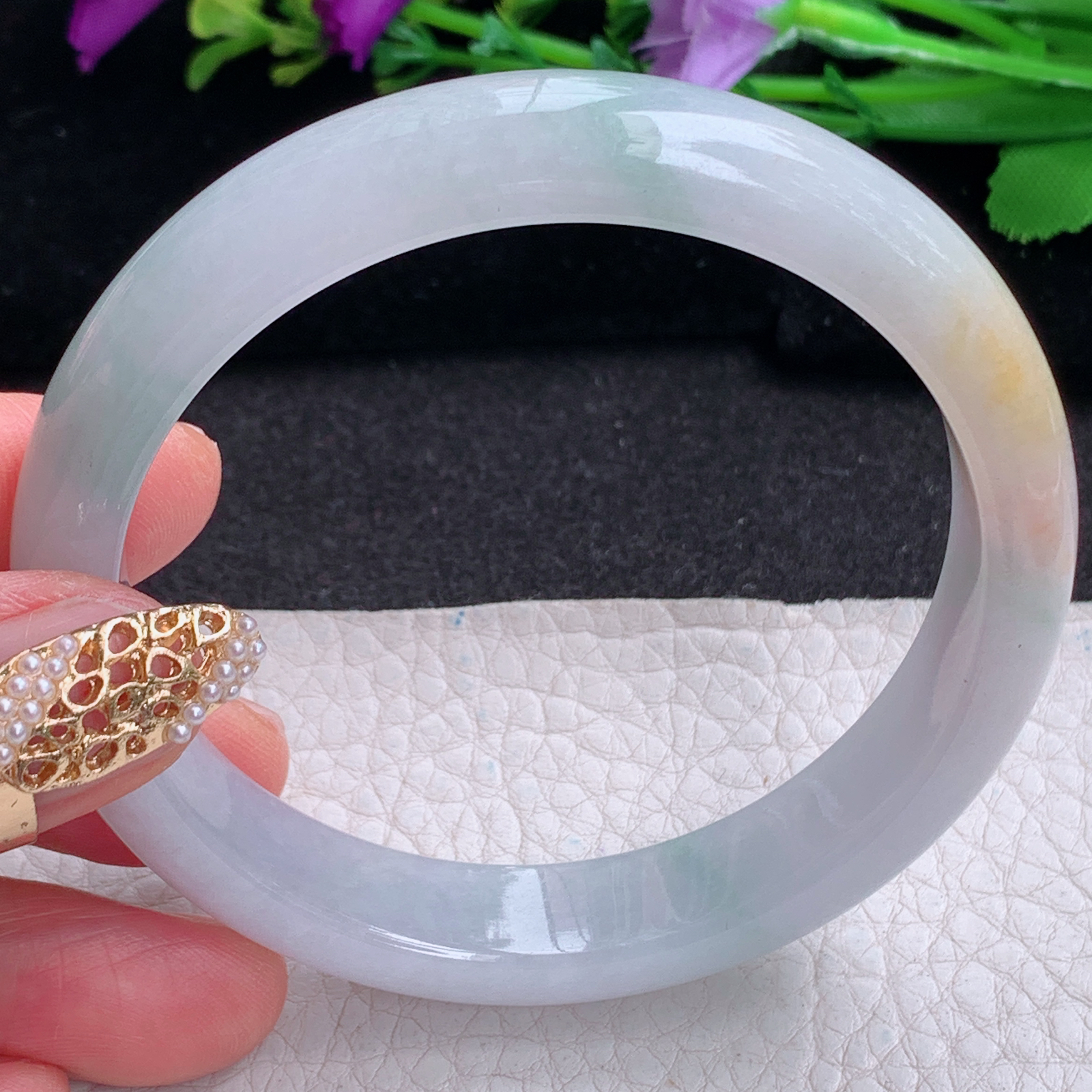 xc实拍58.5*12*7.6平安镯 天然缅甸翡翠a货手镯三彩胶感正圈玉镯子