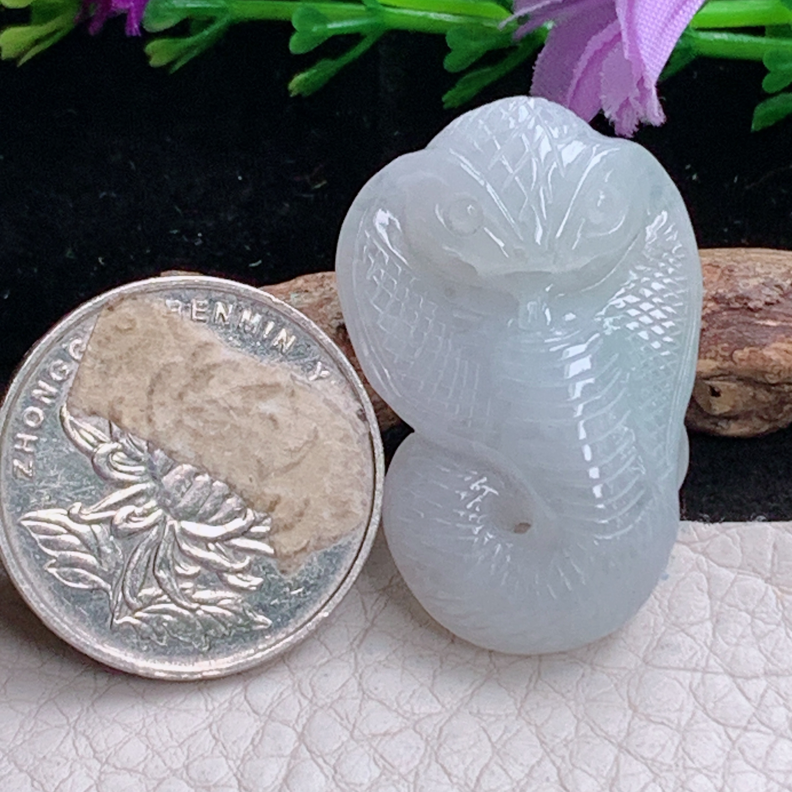 ajj实拍35.6*23*8.8天然缅甸翡翠精雕冰纯立体蛇 生肖蛇玉吊坠 玉挂件