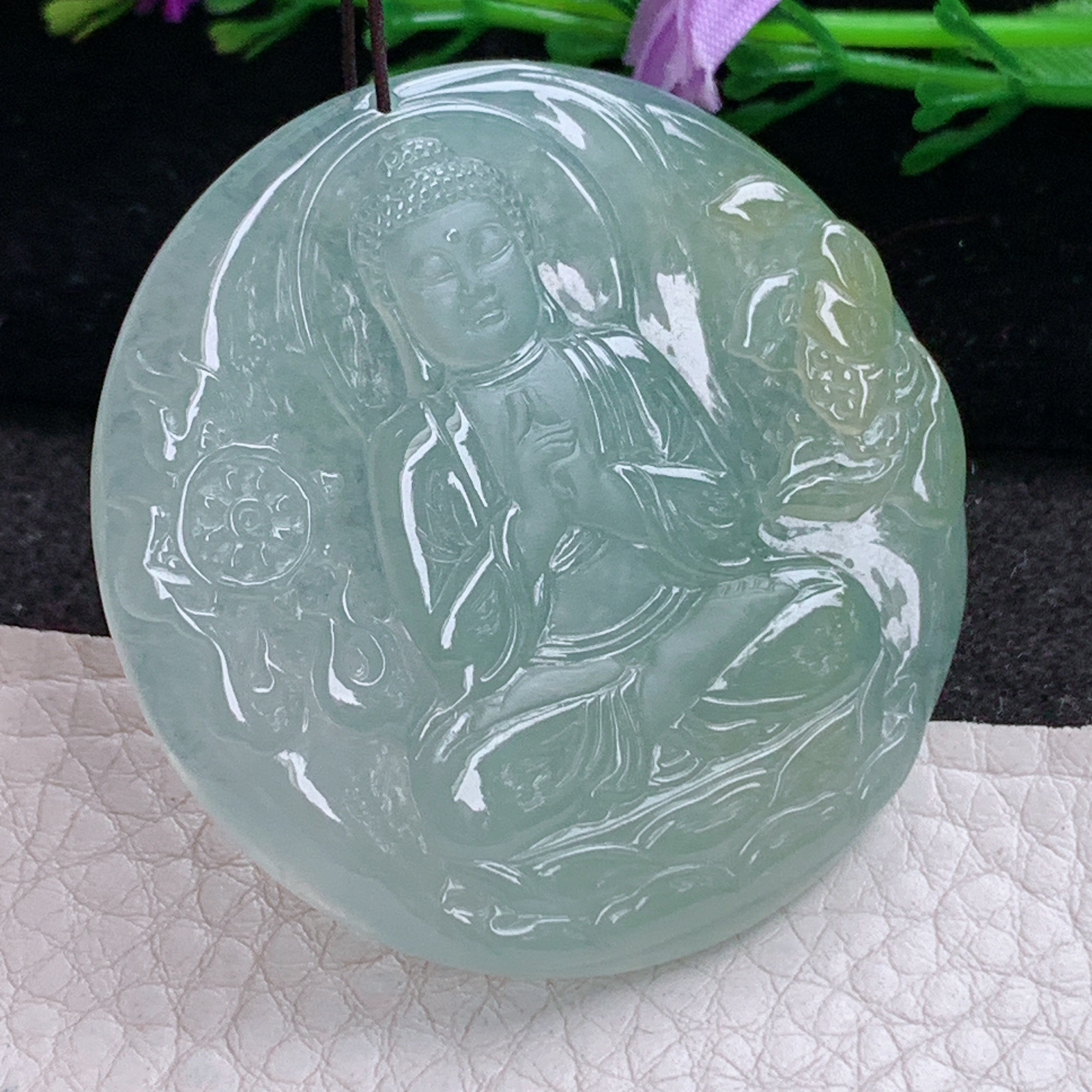 ktj实拍46.6*5天然缅甸翡翠精雕冰双彩大日如来佛祖 花开见佛玉吊坠 玉挂件