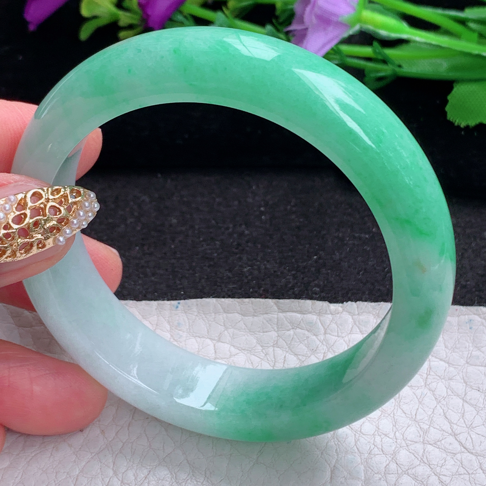 ee实拍54.5*14*8.2招财镯 天然缅甸翡翠a货手镯半山半水胶感正圈玉镯子