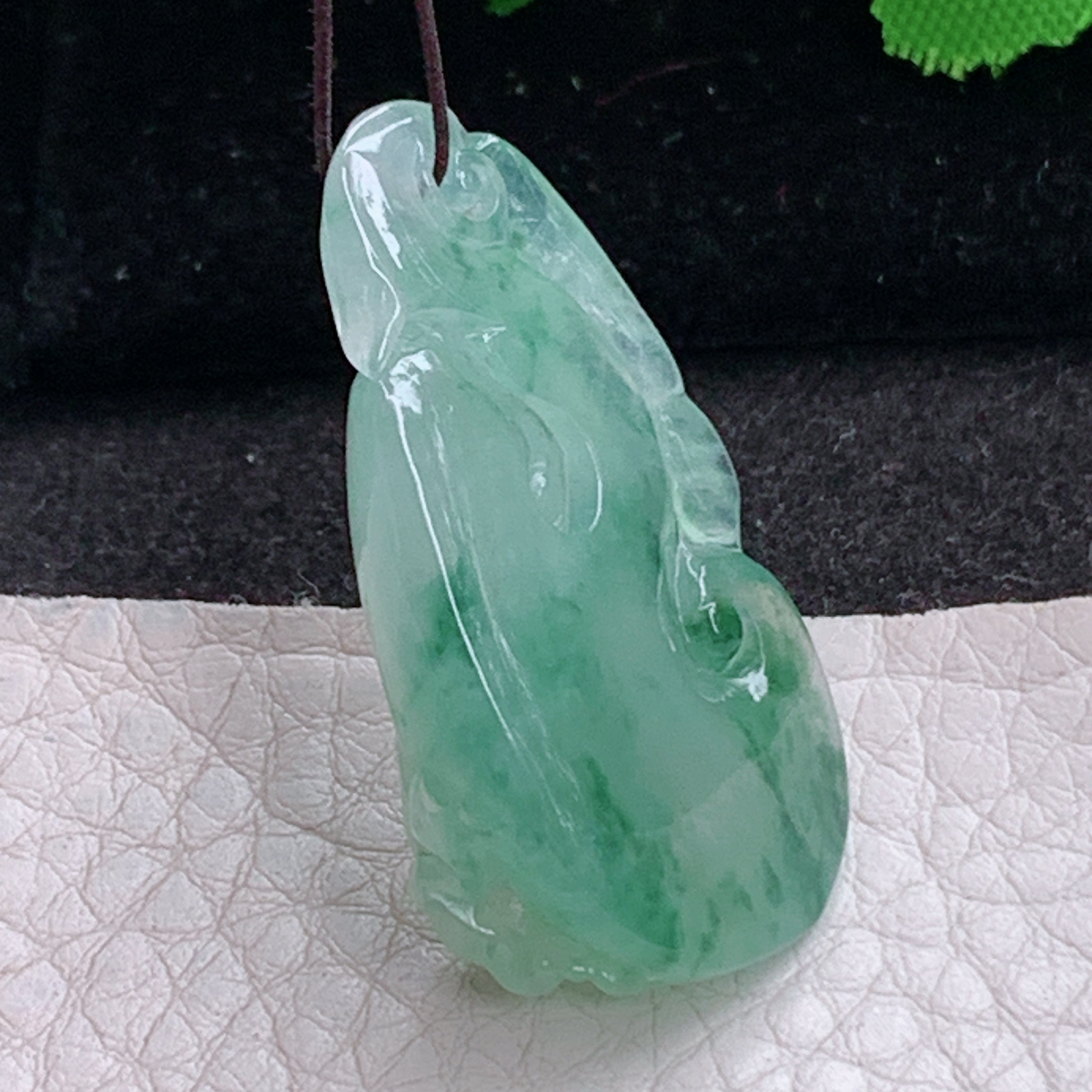 ajj实拍35.5*20*11天然缅甸翡翠精雕冰飘花玉如意 招财事事顺玉吊坠 玉挂件