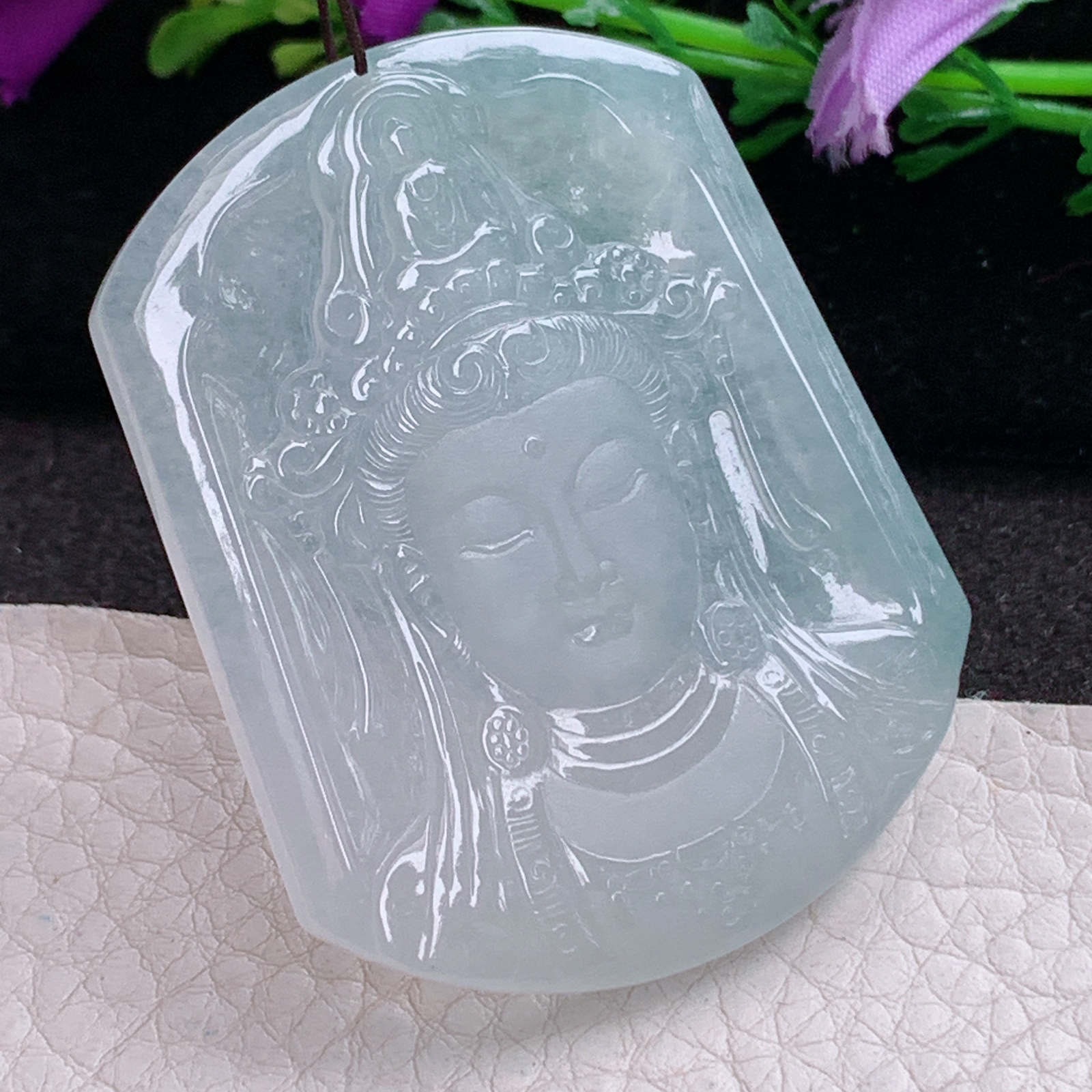 ktj实拍52*41.8*5天然缅甸翡翠精雕冰种观音首 玉观音玉吊坠 玉挂件