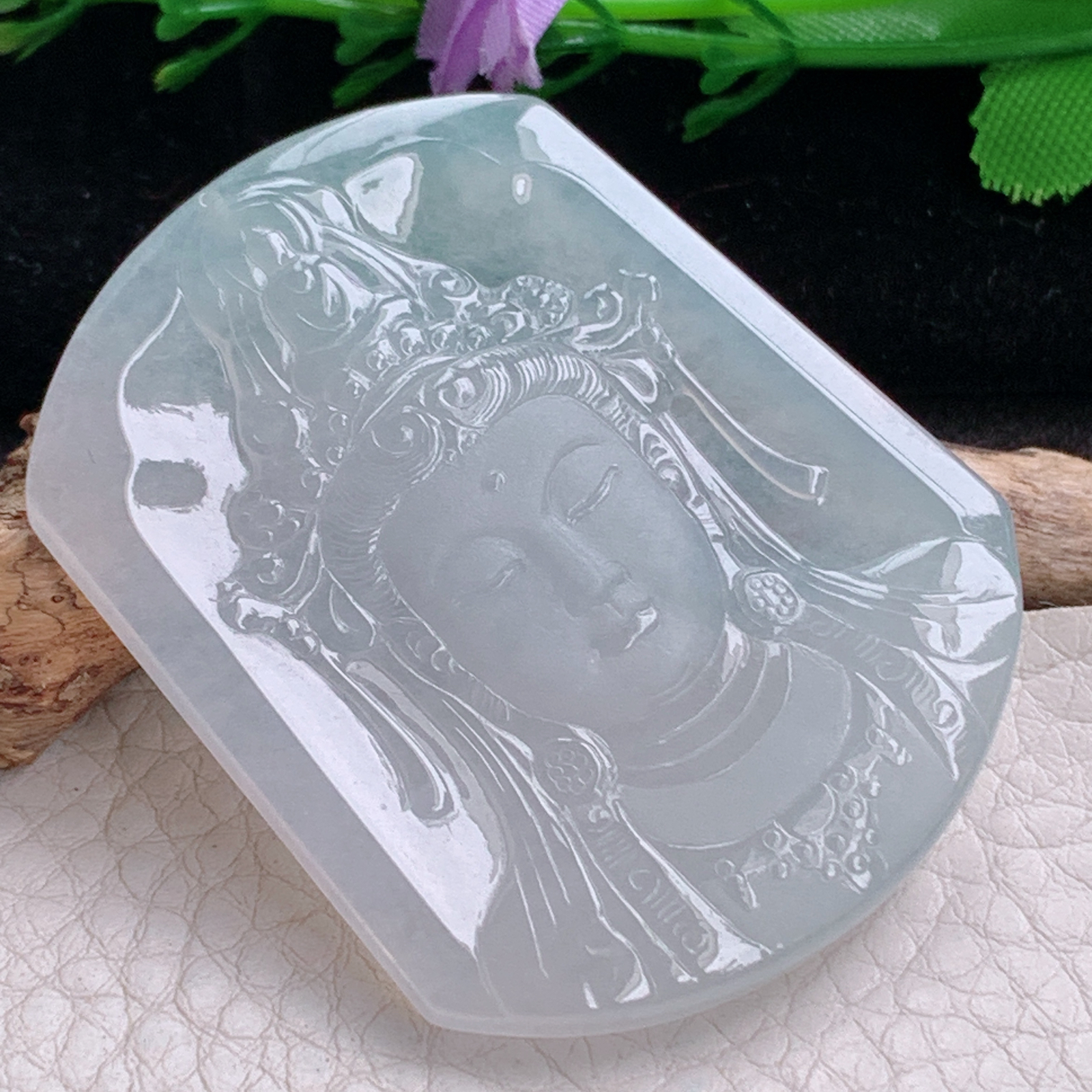 ktj实拍52*41.8*5天然缅甸翡翠精雕冰种观音首 玉观音玉吊坠 玉挂件