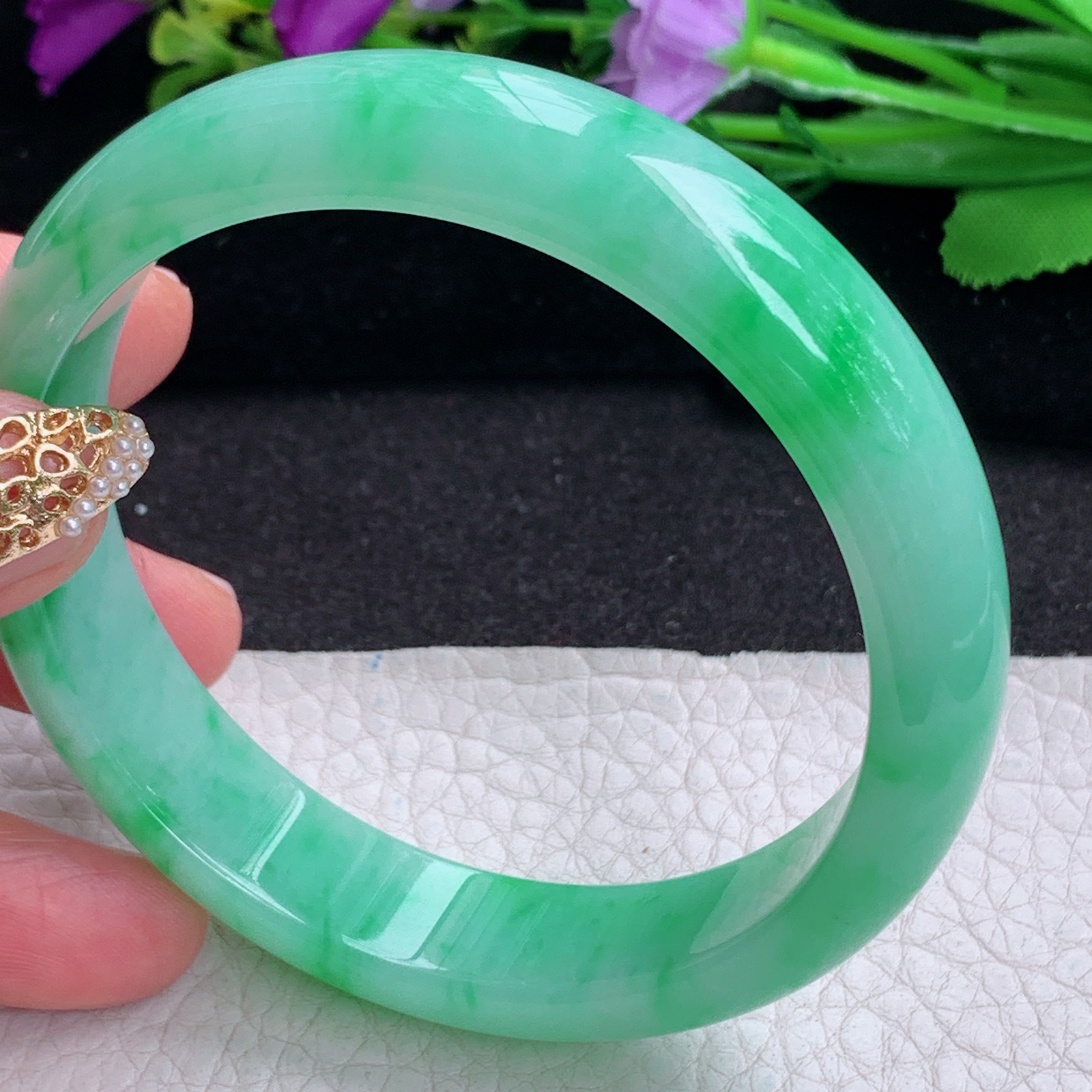 xc大圈口62*14.2*7.6平安镯 天然缅甸翡翠a货手镯辣阳绿胶感正圈玉镯子