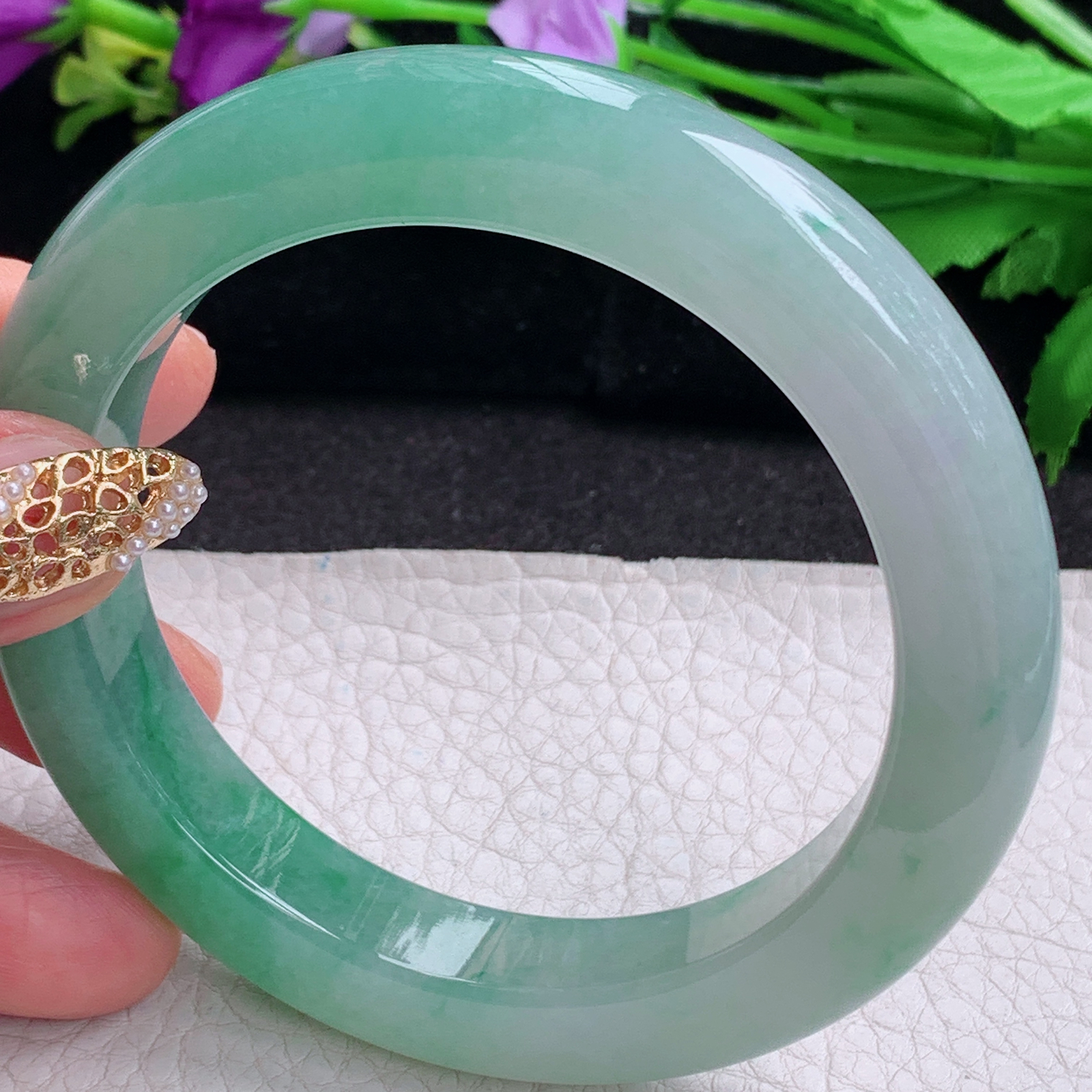 nr大圈口61*12*10.5平安镯 天然缅甸翡翠a货手镯冰胶飘绿正圈玉镯子