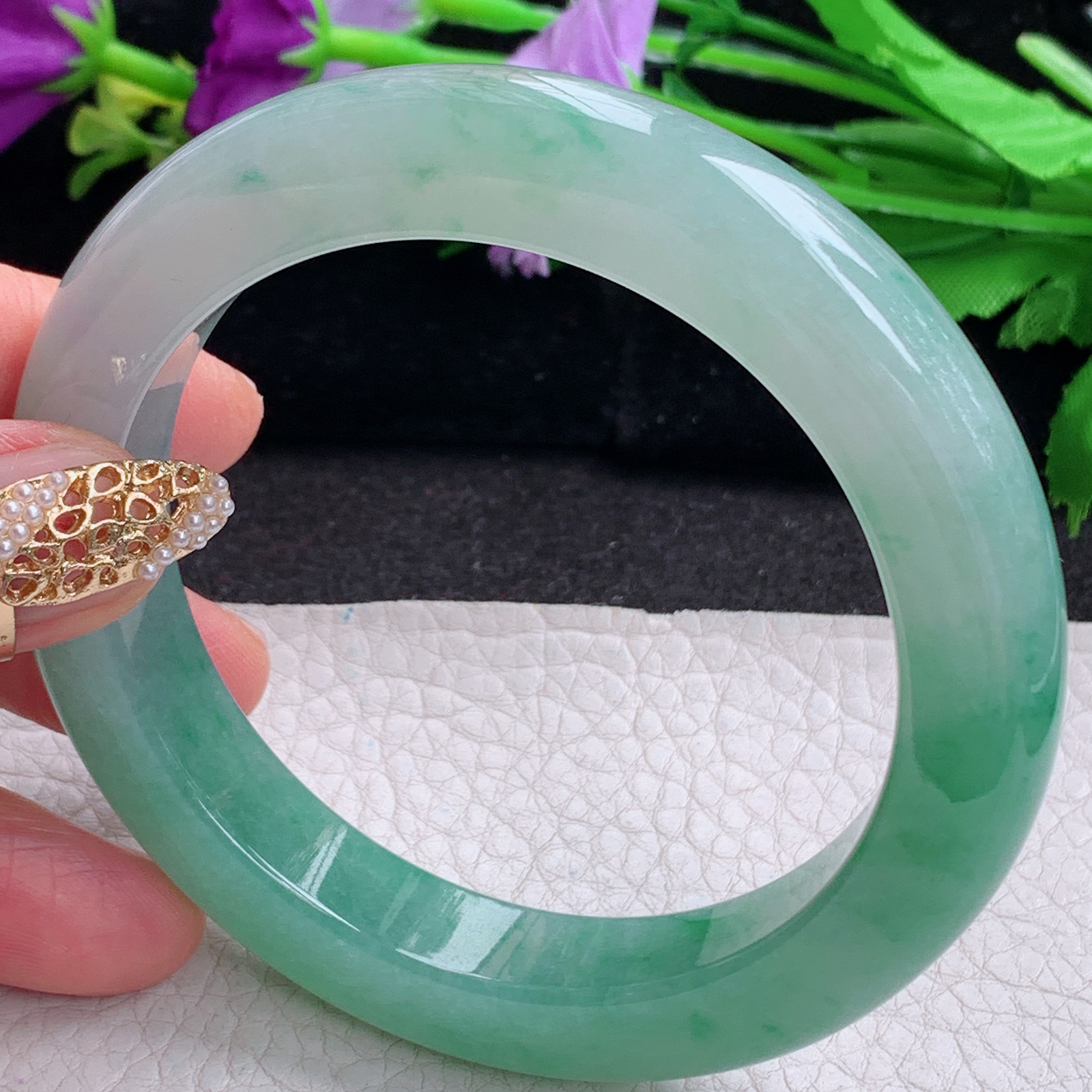 nr大圈口61*12*10.5平安镯 天然缅甸翡翠a货手镯冰胶飘绿正圈玉镯子