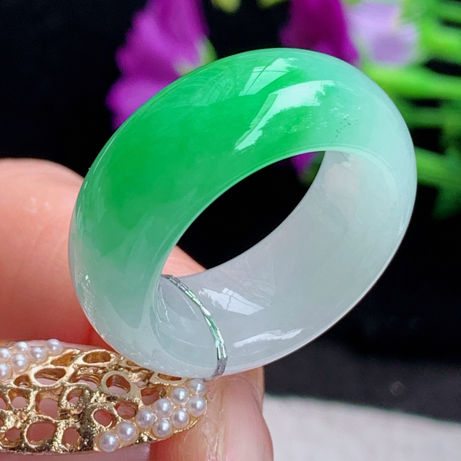 qxm实拍18*9.8*5缅甸翡翠冰飘花18mm内径大气轮胎款指环 玉戒指