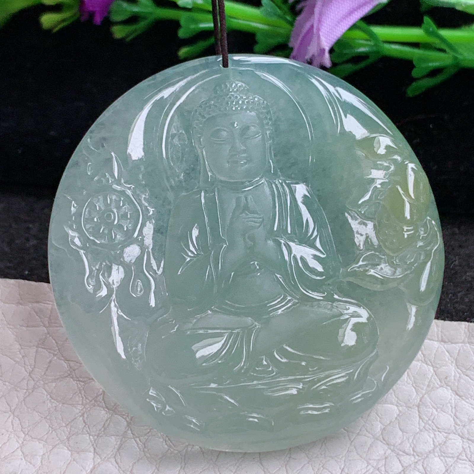 ktj实拍46.6*5天然缅甸翡翠精雕冰双彩大日如来佛祖 花开见佛玉吊坠 玉挂件