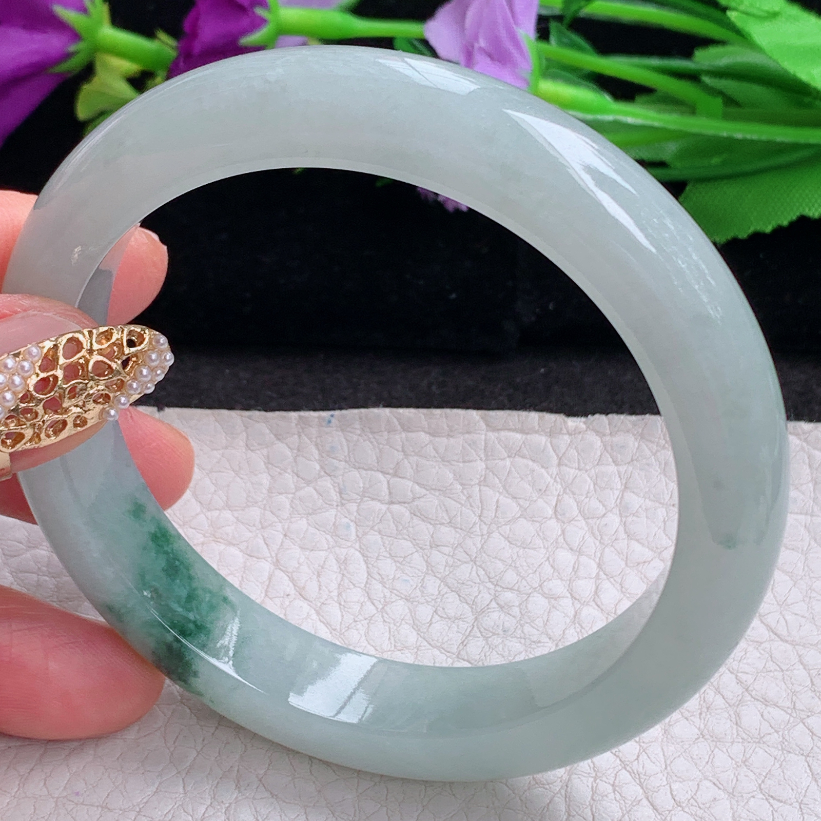 li大圈口60.8*12*8.8平安镯 天然缅甸翡翠a货手镯飘花胶感正圈玉镯子