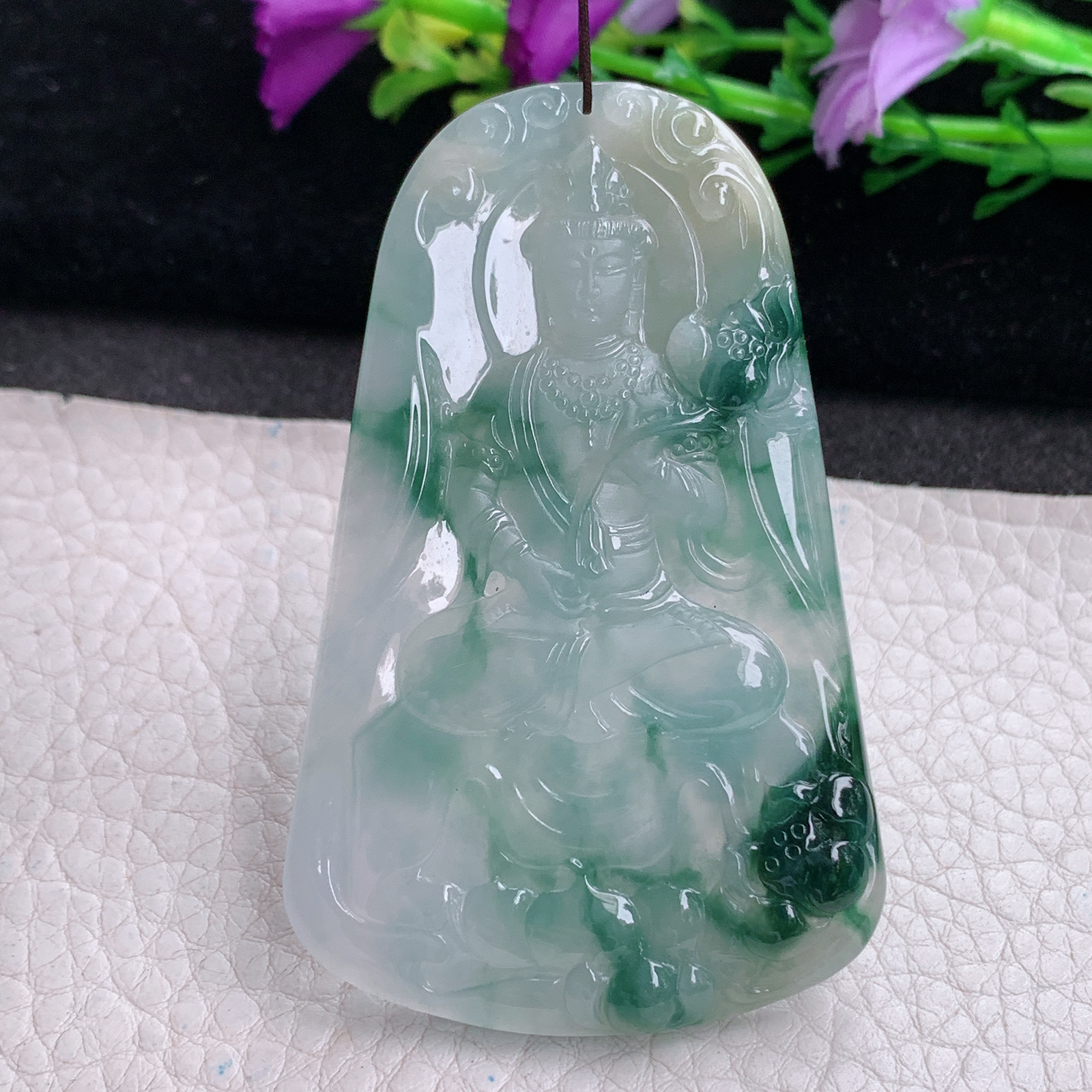 ktj实拍68.5*43.6*5.8天然缅甸翡翠精雕冰飘花持莲观音 豔玉观音玉吊坠 玉挂件