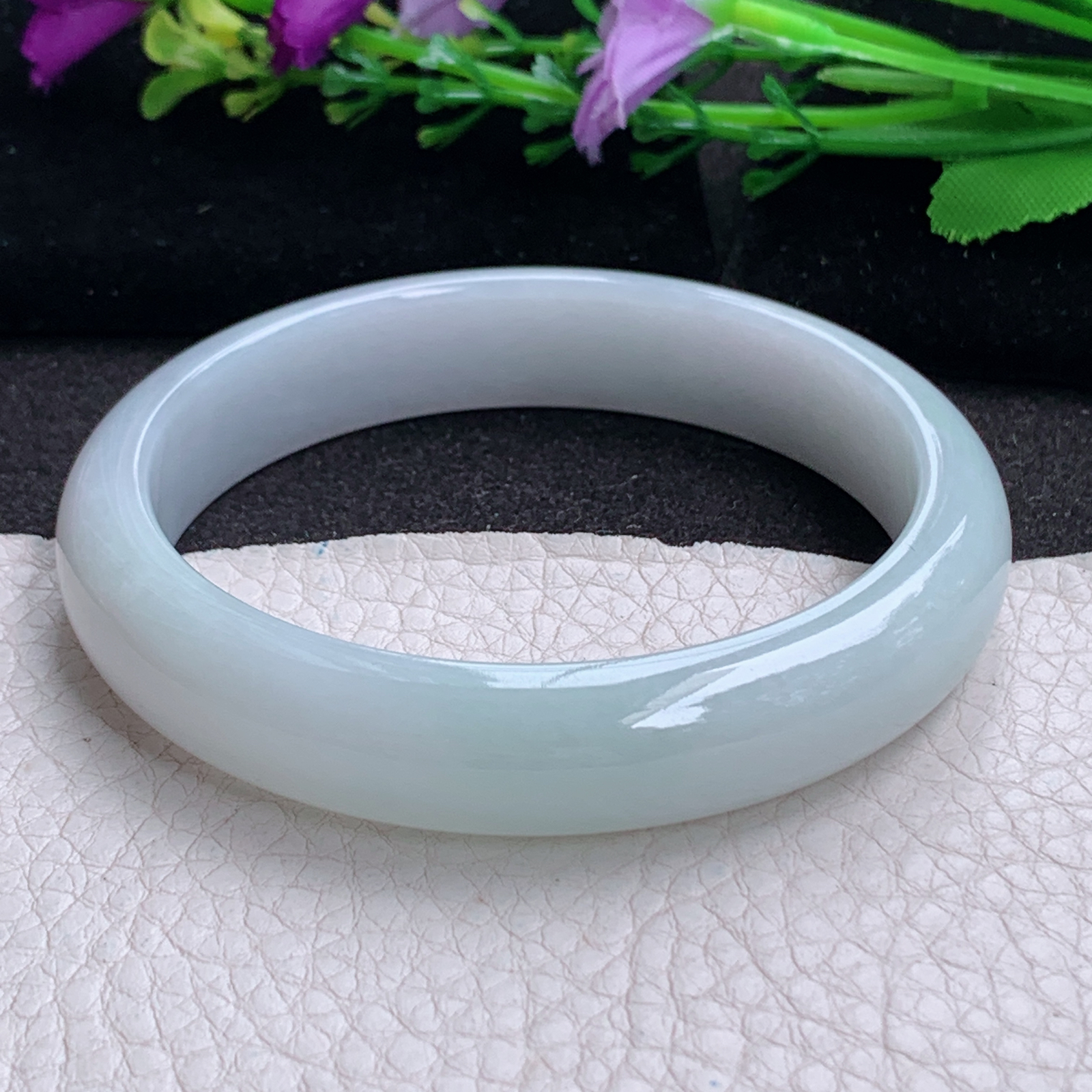 ee实拍59.8*12.7*7.6平安镯 天然缅甸翡翠a货手镯浅绿胶感正圈玉镯子