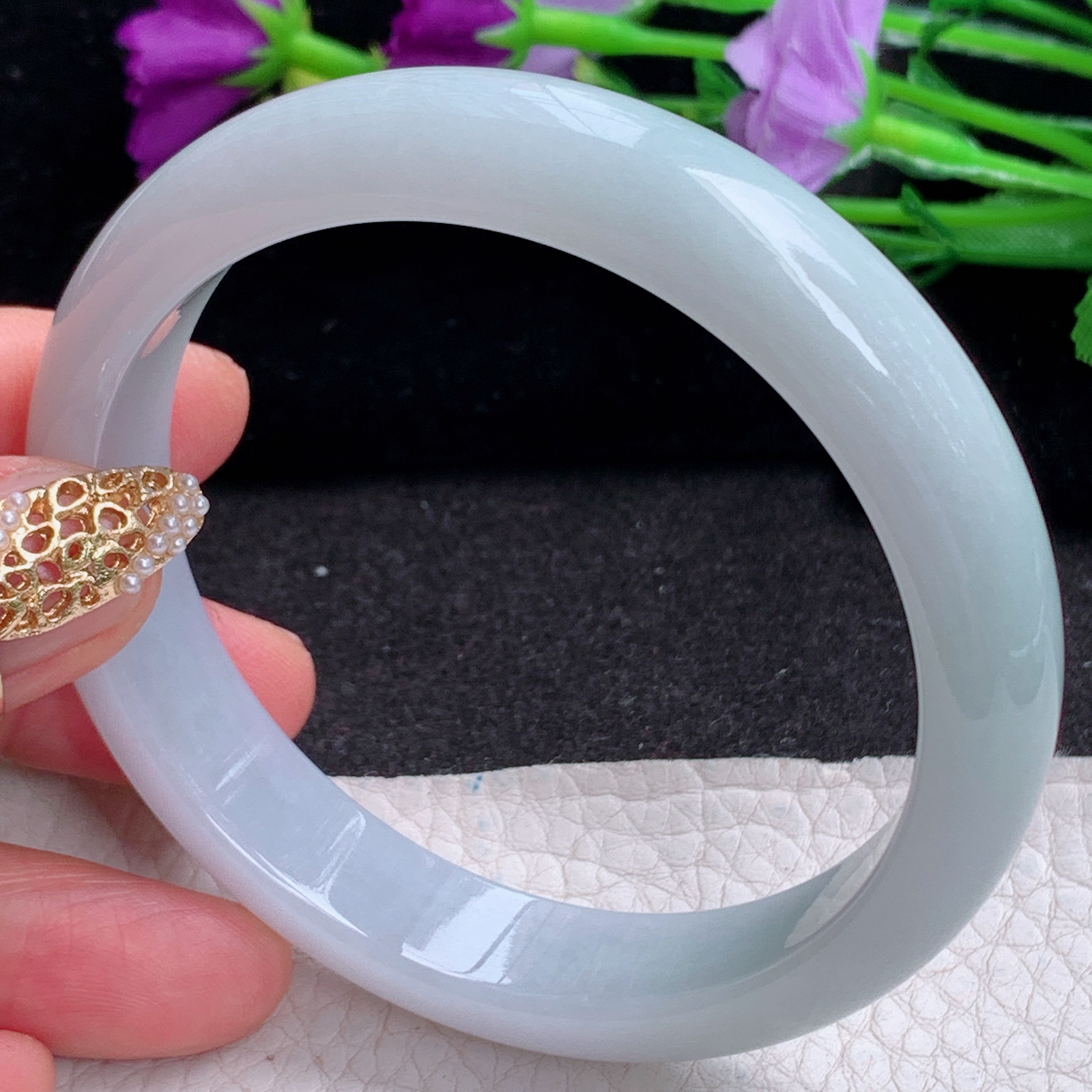 ee实拍59.8*12.7*7.6平安镯 天然缅甸翡翠a货手镯浅绿胶感正圈玉镯子