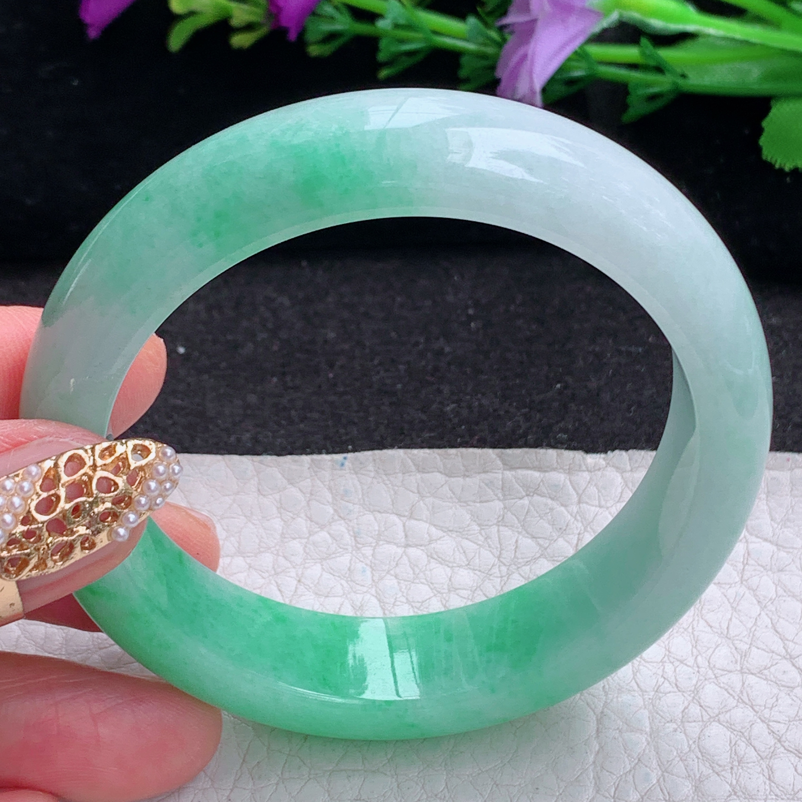 ee实拍54.5*14*8.2招财镯 天然缅甸翡翠a货手镯半山半水胶感正圈玉镯子