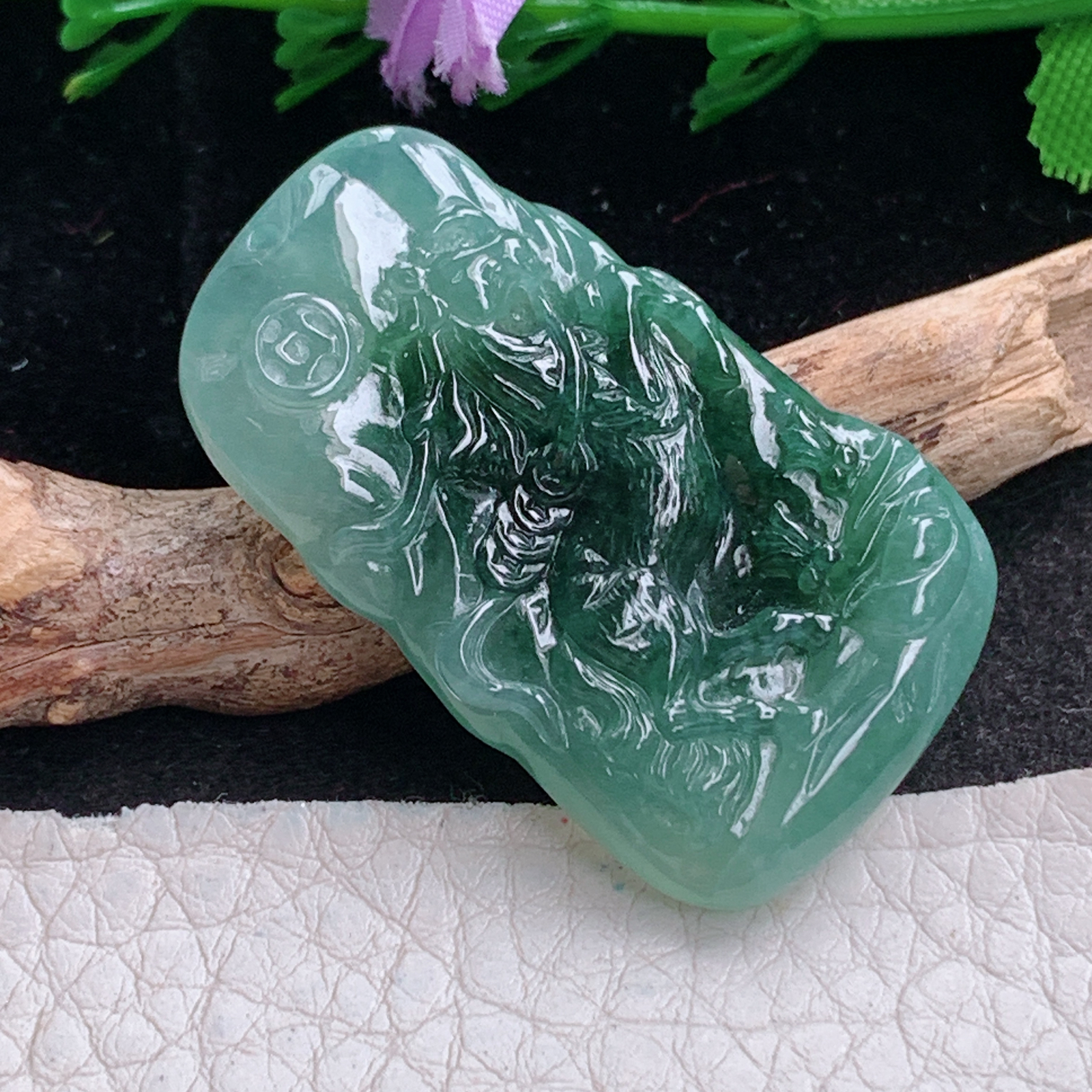 ktj实拍39.5*23.8*6天然缅甸翡翠精雕冰润马上发财 生肖马玉吊坠 玉挂件