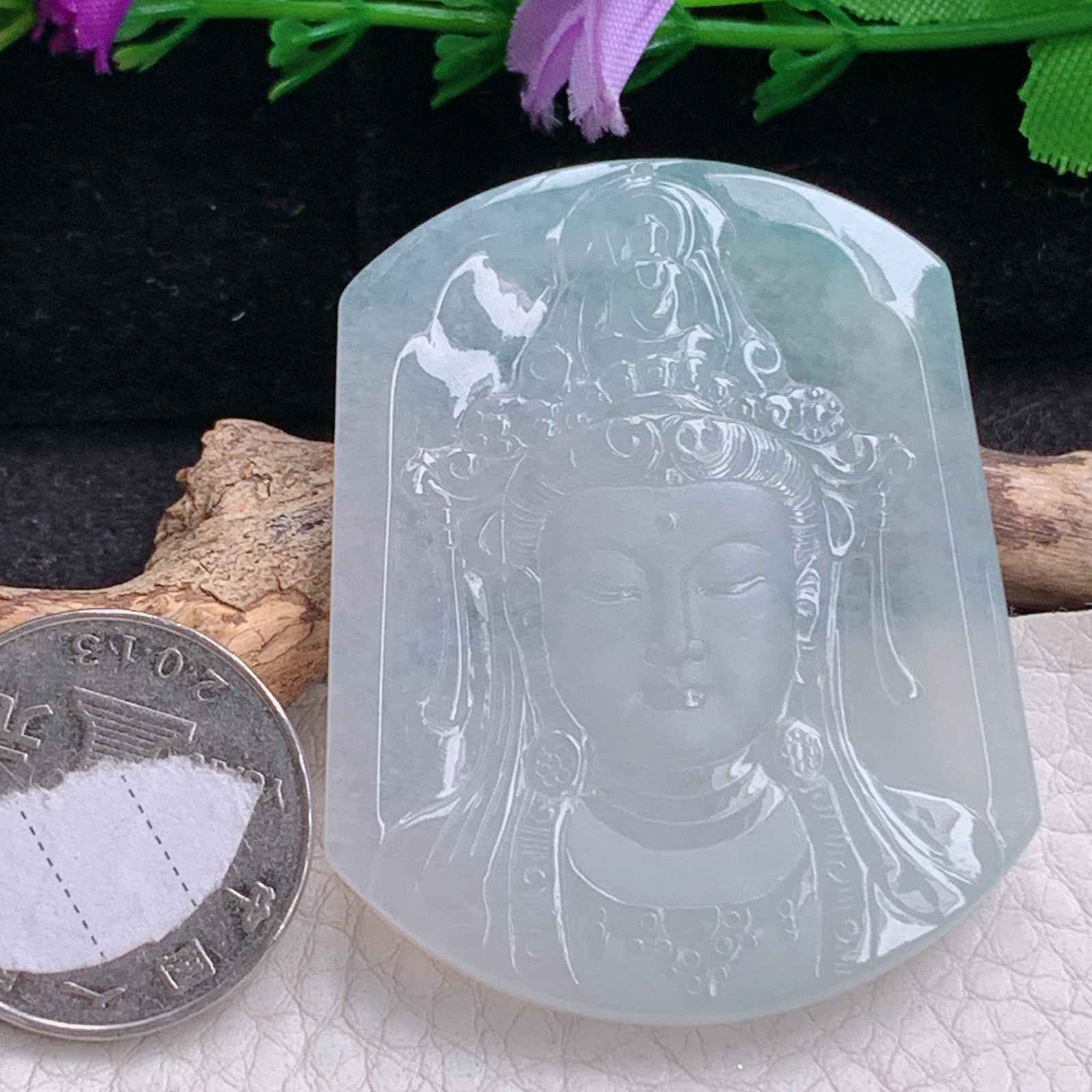 ktj实拍52*41.8*5天然缅甸翡翠精雕冰种观音首 玉观音玉吊坠 玉挂件