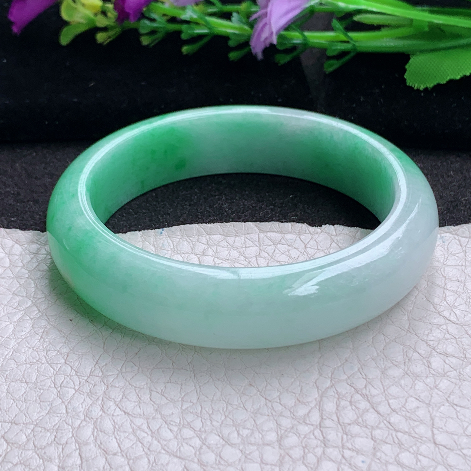 ee实拍54.5*14*8.2招财镯 天然缅甸翡翠a货手镯半山半水胶感正圈玉镯子